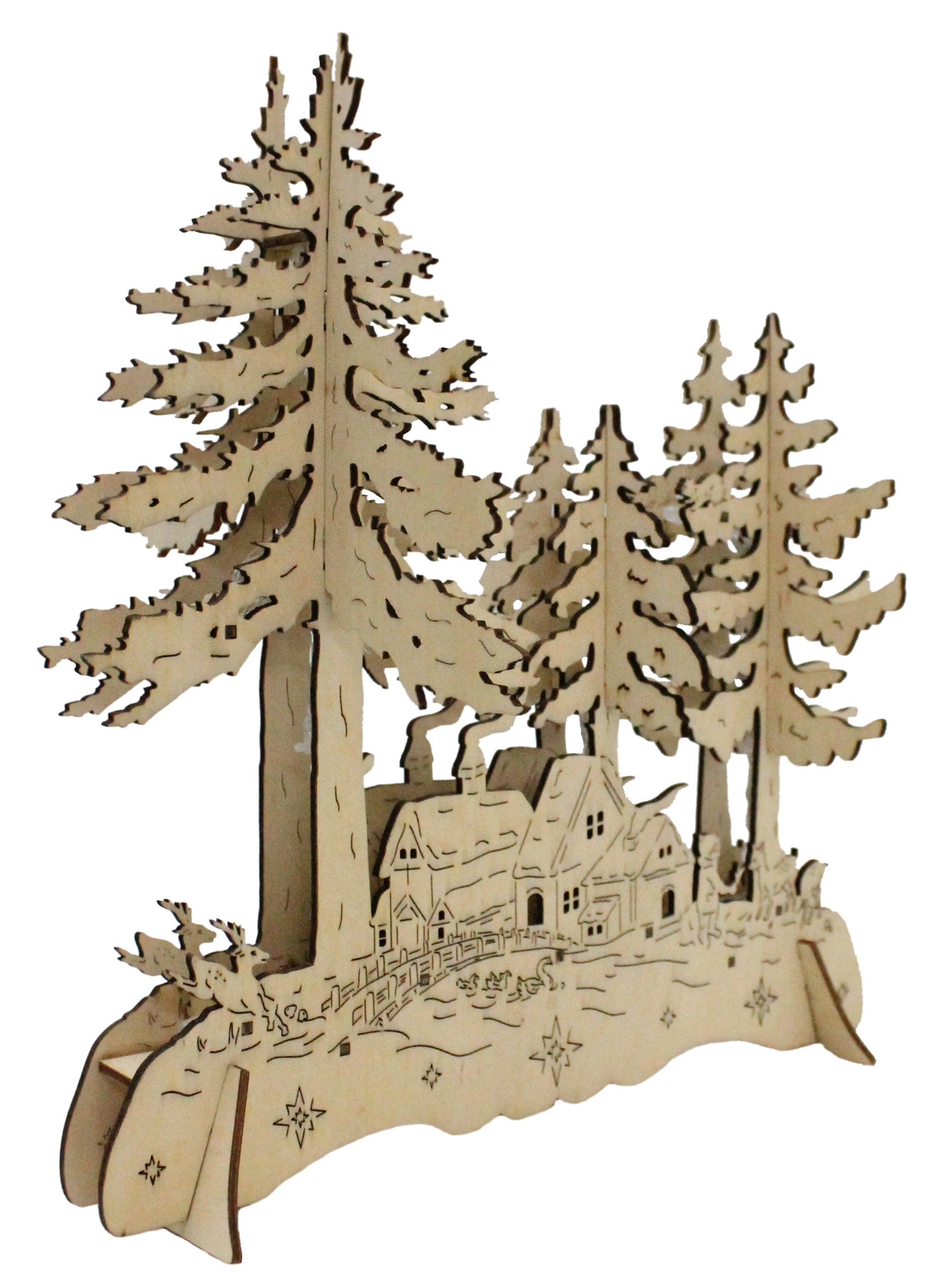 Weihnachtsdekoration mit Beleuchtung aus Holz Tannenbäume und Waldhütte LED beleuchtet