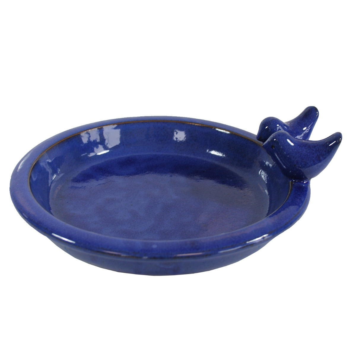 glasierte Vogeltränke für den Garten "Noble" mit 2 Deko-Vögel, 30 cm blau Keramik Vogeltränke rund Vogelbad Garten