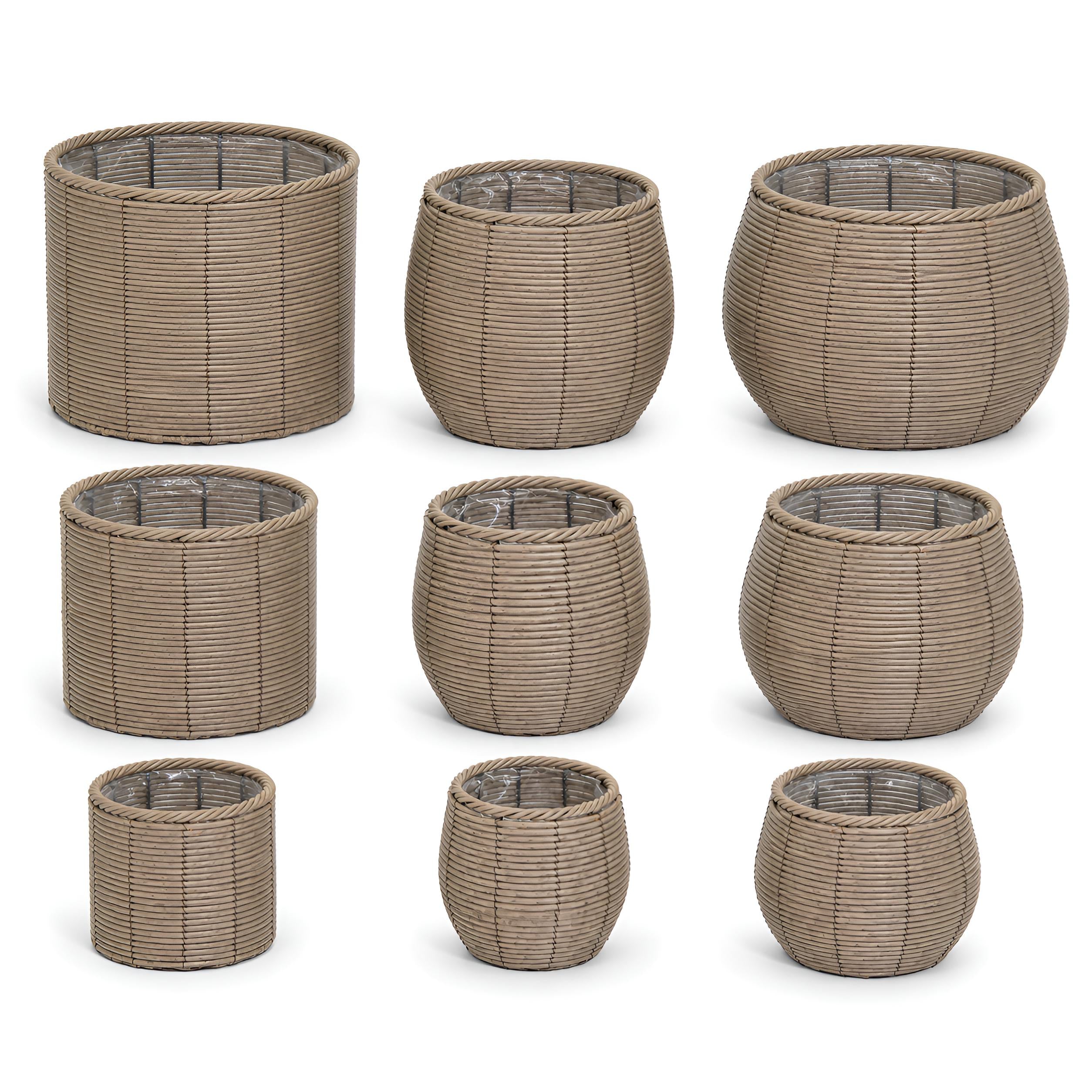Blumentopf groß Rattan 3er Set Modell Gala, Pflanzkübel Indoor Übertopf Naturgrau