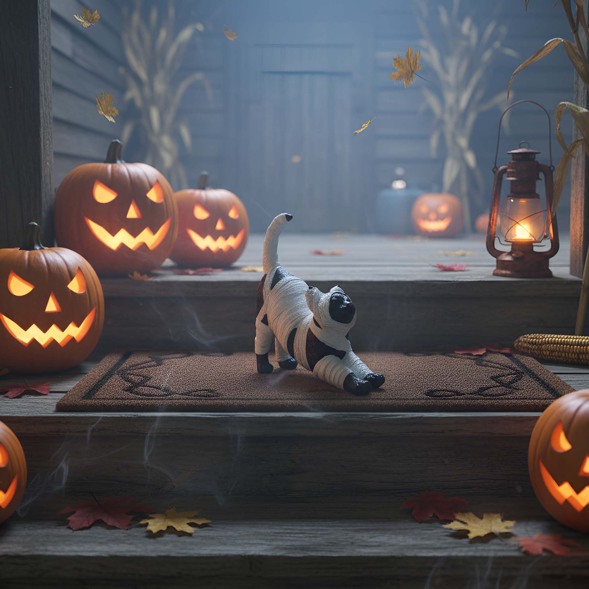 Halloween Deko Katze – handbemalte Katzenmumie Figur aus Polyresin 26×9×27 cm, gruselige Halloween Dekoration für Haus, Garten & Halloweenparty