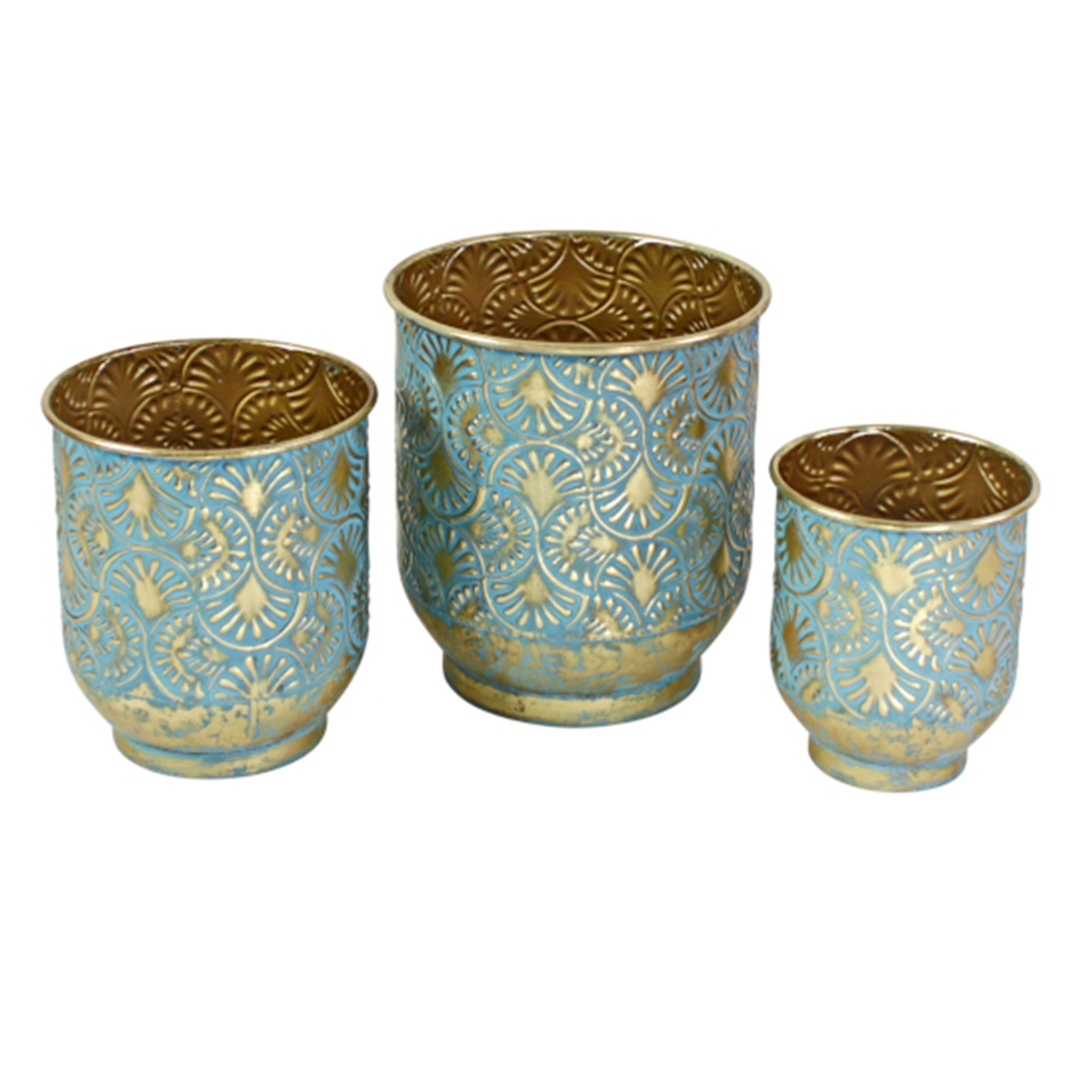 Blumentopf Metall Rund 3er-Set Übertopf Maya gold Pflanztopf Pflanzgefäß Zinktopf