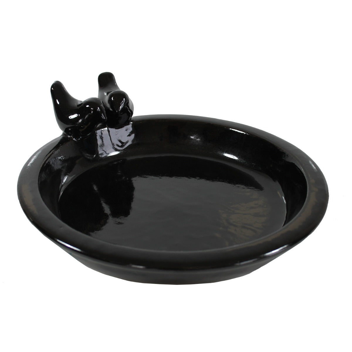 glasierte Vogeltränke für den Garten "Noble" mit 2 Deko-Vögel, 30 cm schwarz glänzend Keramik Vogeltränke rund Vogelbad Garten