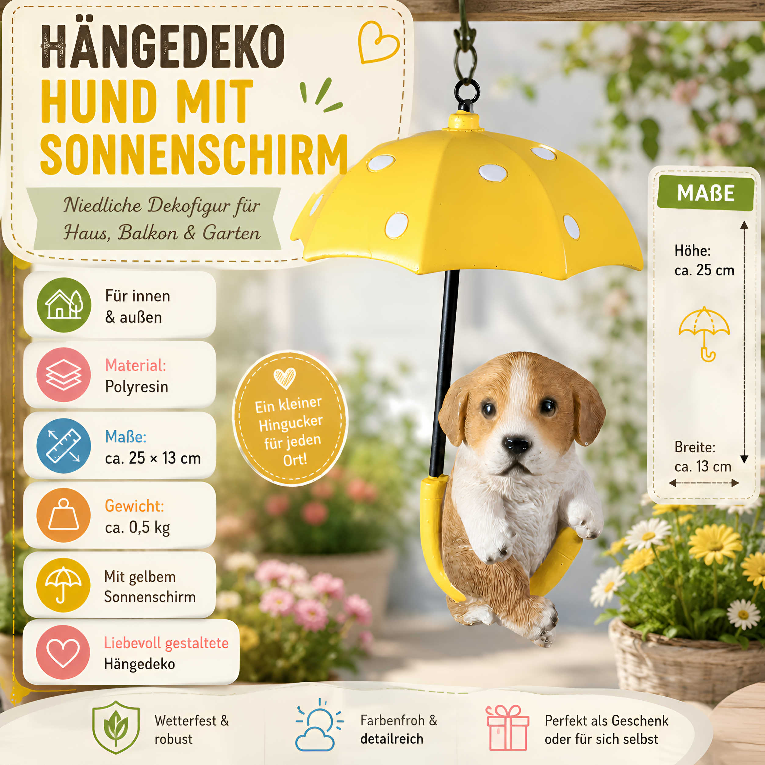 Hängedeko Tierfigur mit Regenschirm - Fenster Hängedeko für Garten mit Biene oder Hunde Figuren