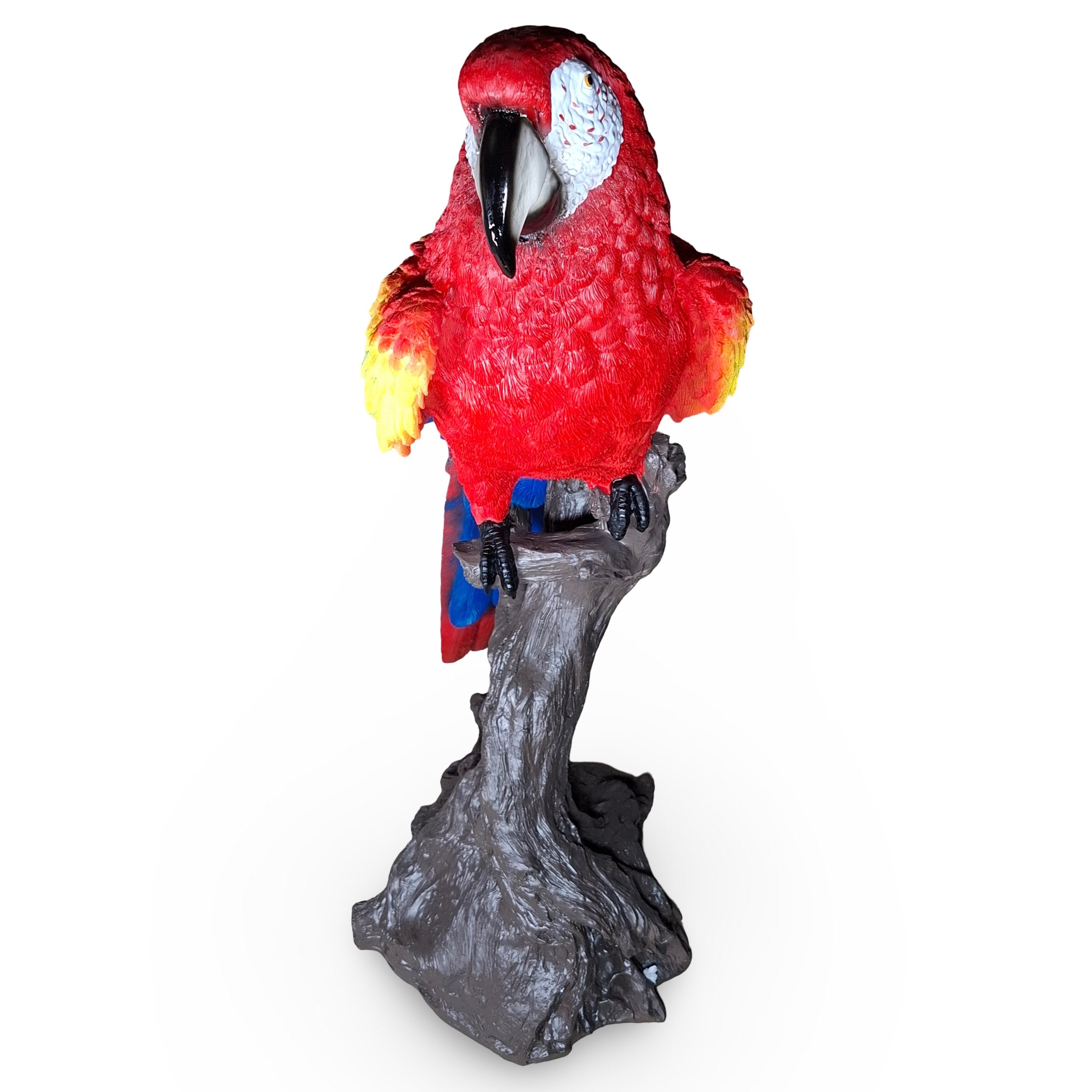 Papagei Figur – große Gartenfigur aus Polyresin, handbemalte Papagei Deko – bunte Dekofigur Papagei auf Baumstamm