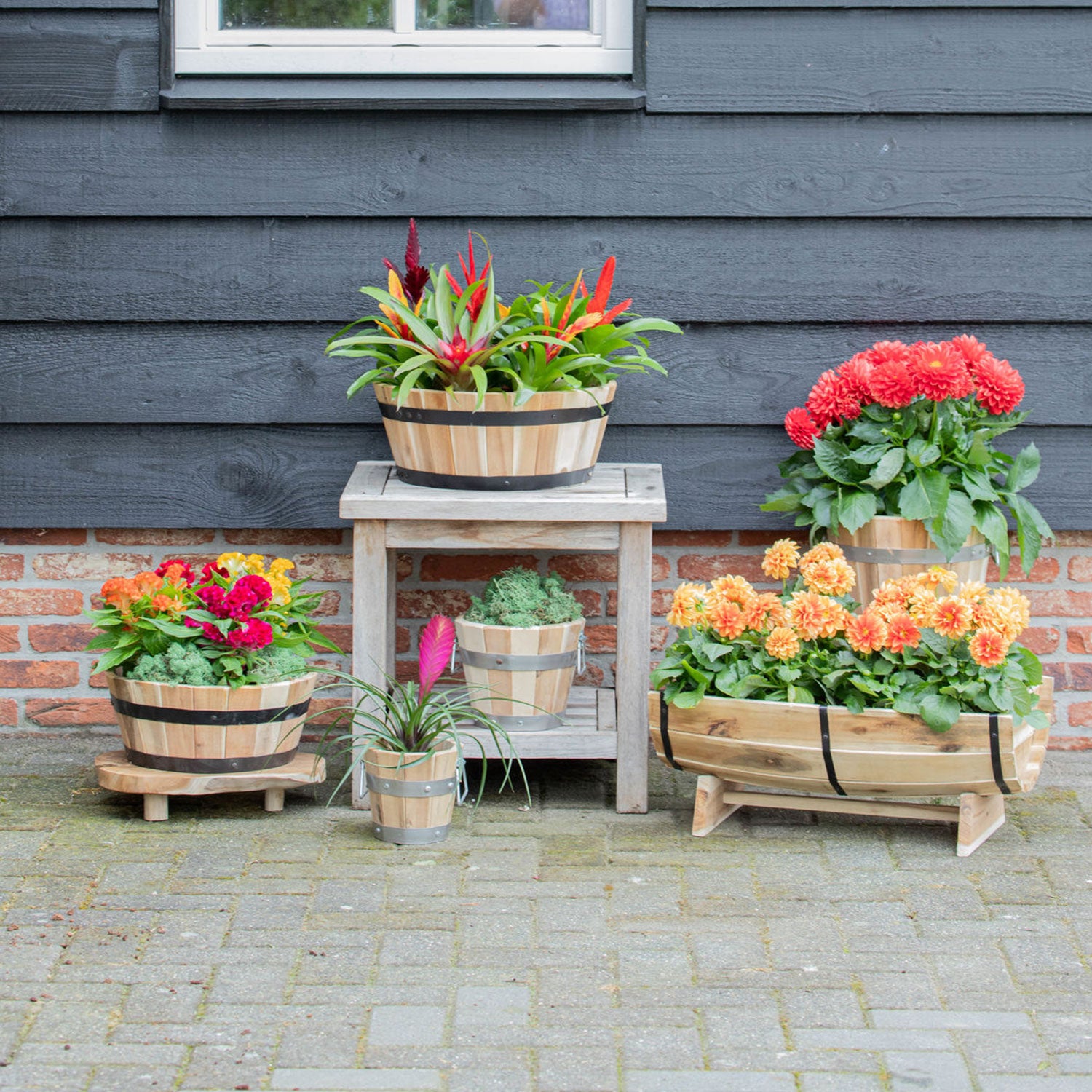 Pflanzkübel Holz mit Griffen | Pflanztopf rund FSC Akazienholz | Blumenkästen aus Holz | verschiedene Größen