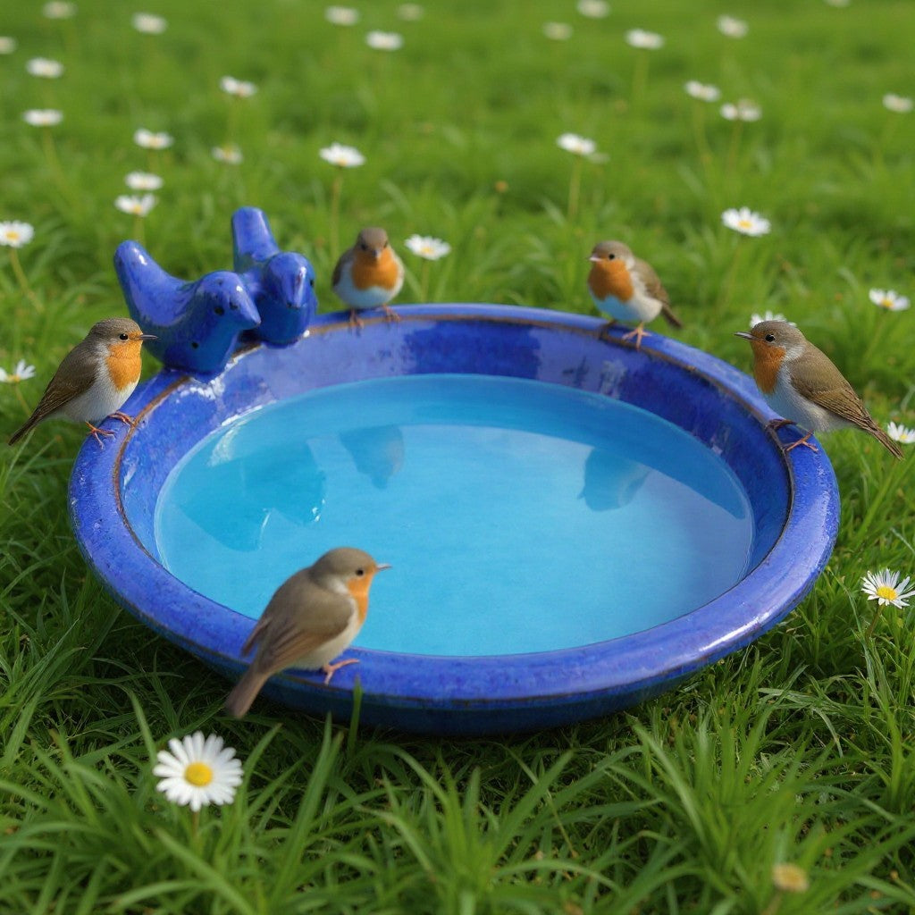 glasierte Vogeltränke für den Garten "Noble" mit 2 Deko-Vögel, 30 cm blau Keramik Vogeltränke rund Vogelbad Garten