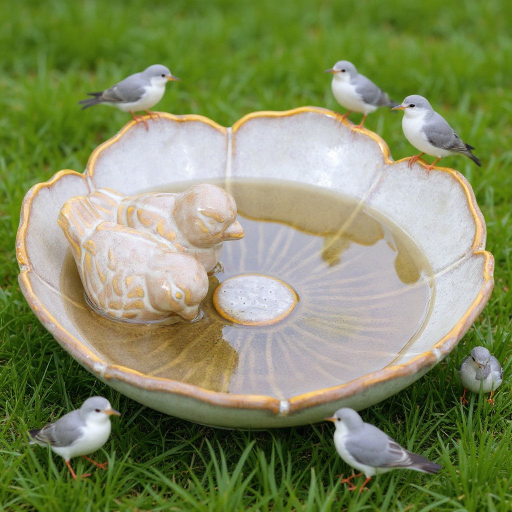 Vogeltränke winterfest | Royal | glasierte Vogeltränke für den Garten | mit Deko-Vögeln – rund, wetterfest, farbig, 23 und 28 cm