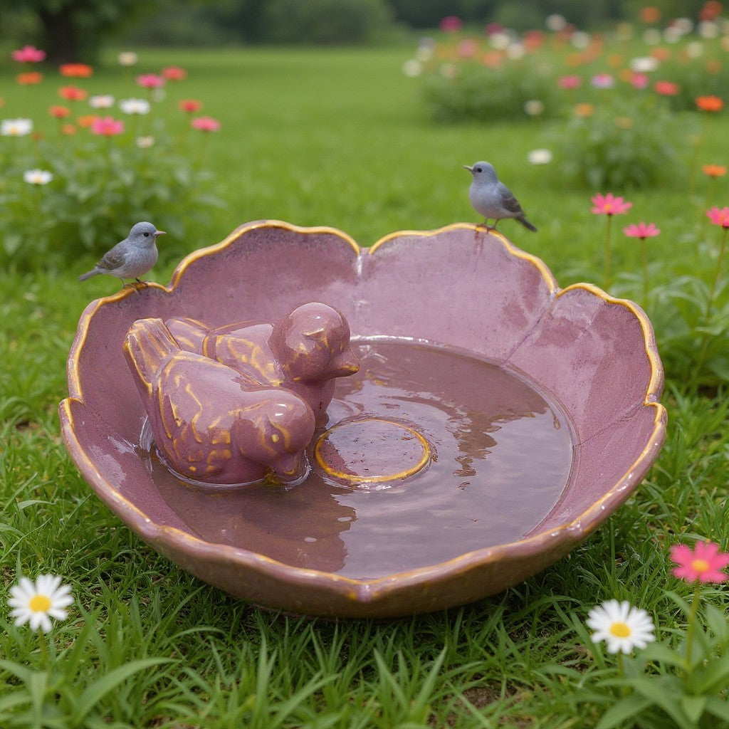 Vogeltränke winterfest | Royal | glasierte Vogeltränke für den Garten | mit Deko-Vögeln – rund, wetterfest, farbig, 23 und 28 cm