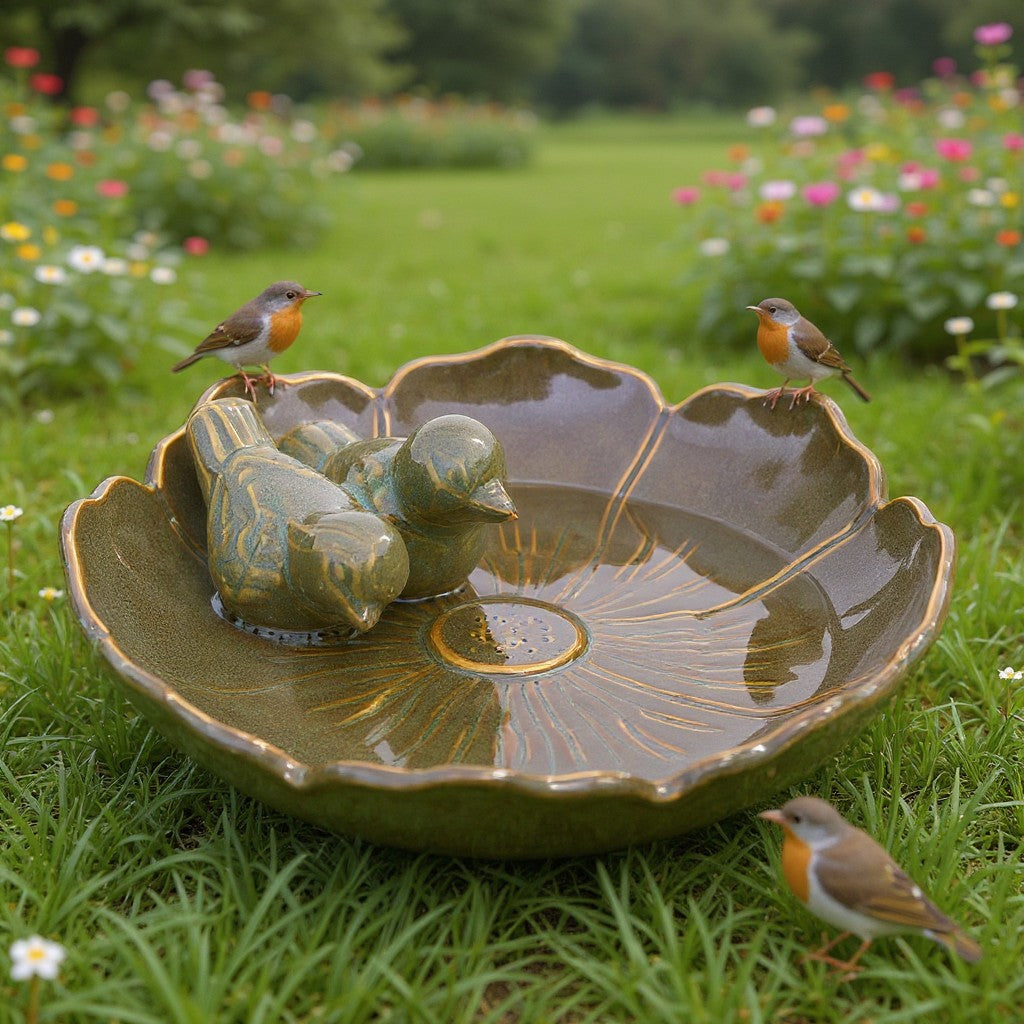 Vogeltränke winterfest | Royal | glasierte Vogeltränke für den Garten | mit Deko-Vögeln – rund, wetterfest, farbig, 23 und 28 cm