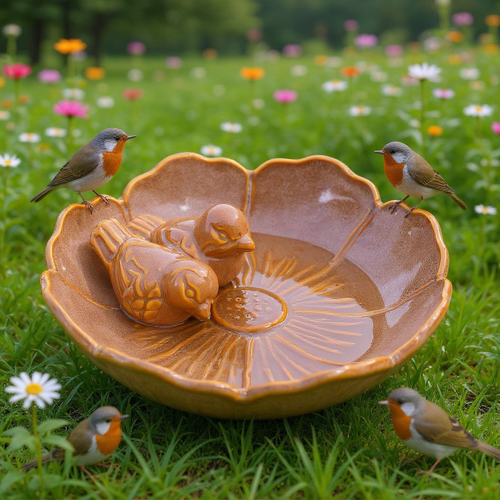 Vogeltränke winterfest | Royal | glasierte Vogeltränke für den Garten | mit Deko-Vögeln – rund, wetterfest, farbig, 23 und 28 cm