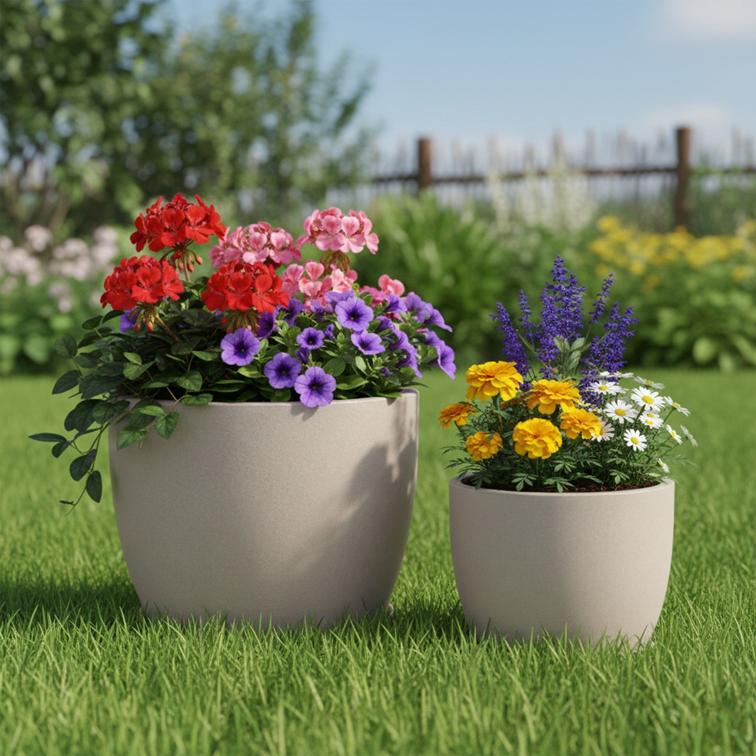 Großer Blumentopf 2er Set - Pflanztöpfe rund in Steinoptik, Untersetzer inklusive, verschließbares Entwässerungsloch, Garten & Balkon