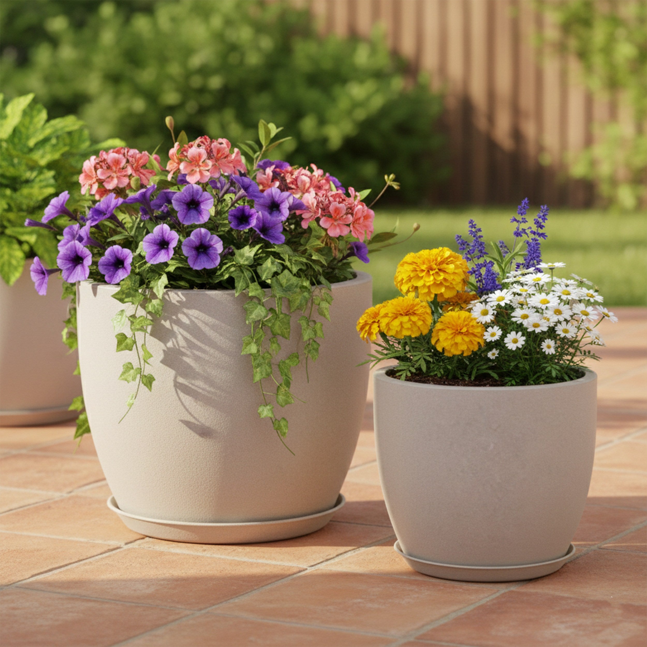 Großer Blumentopf 2er Set - Pflanztöpfe rund in Steinoptik, Untersetzer inklusive, verschließbares Entwässerungsloch, Garten & Balkon