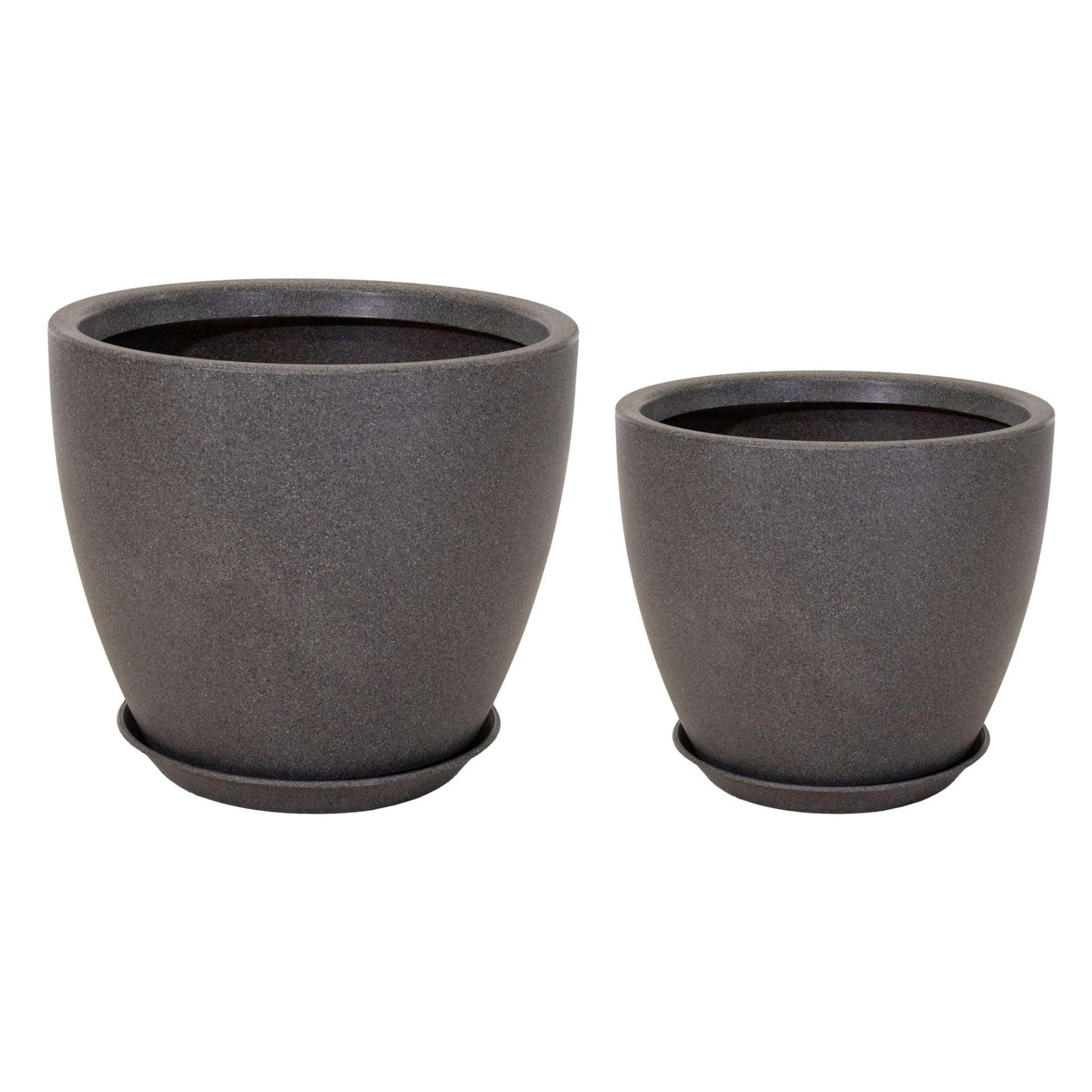 Großer Blumentopf 2er Set - Pflanztöpfe rund in Steinoptik, Untersetzer inklusive, verschließbares Entwässerungsloch, Garten & Balkon