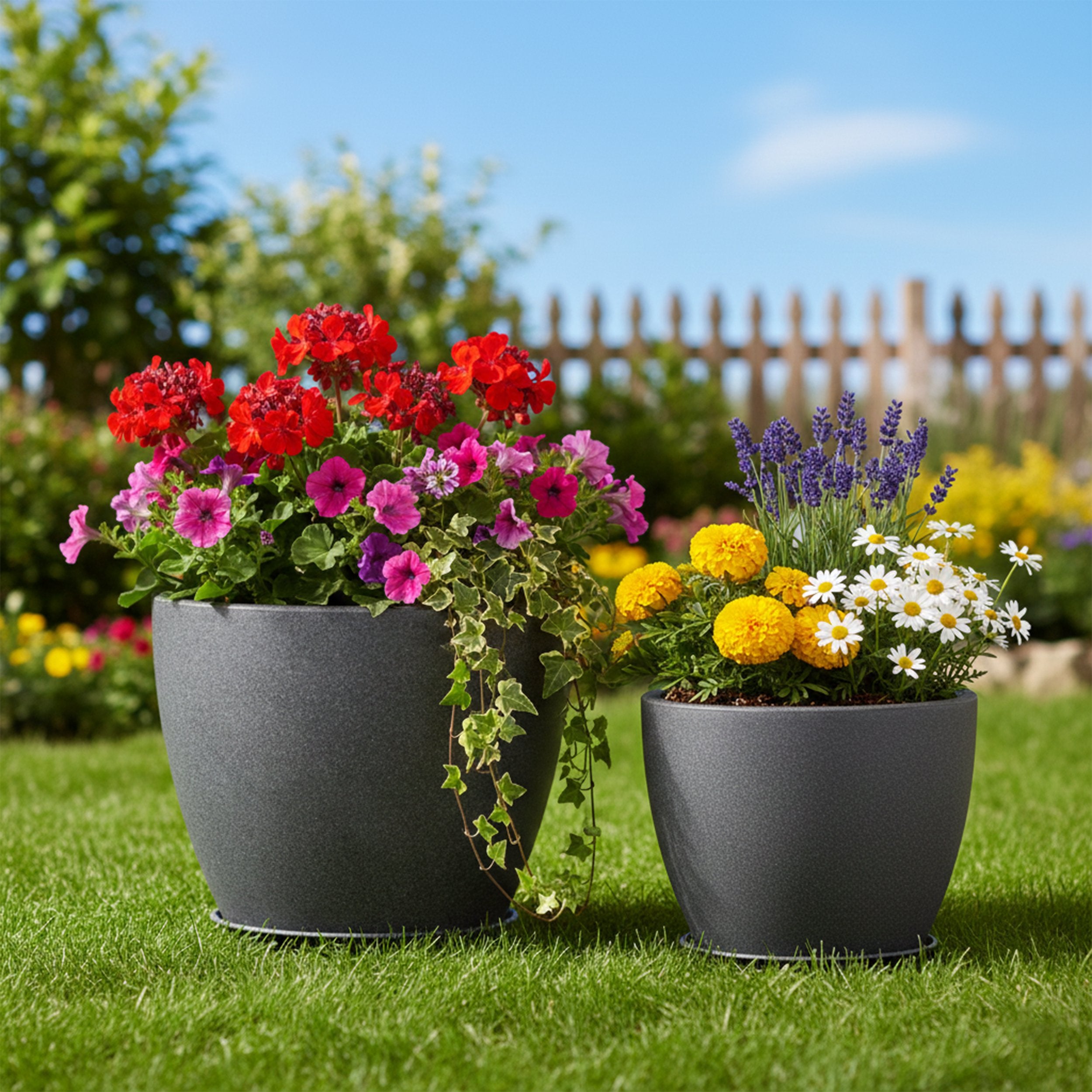Großer Blumentopf 2er Set - Pflanztöpfe rund in Steinoptik, Untersetzer inklusive, verschließbares Entwässerungsloch, Garten & Balkon