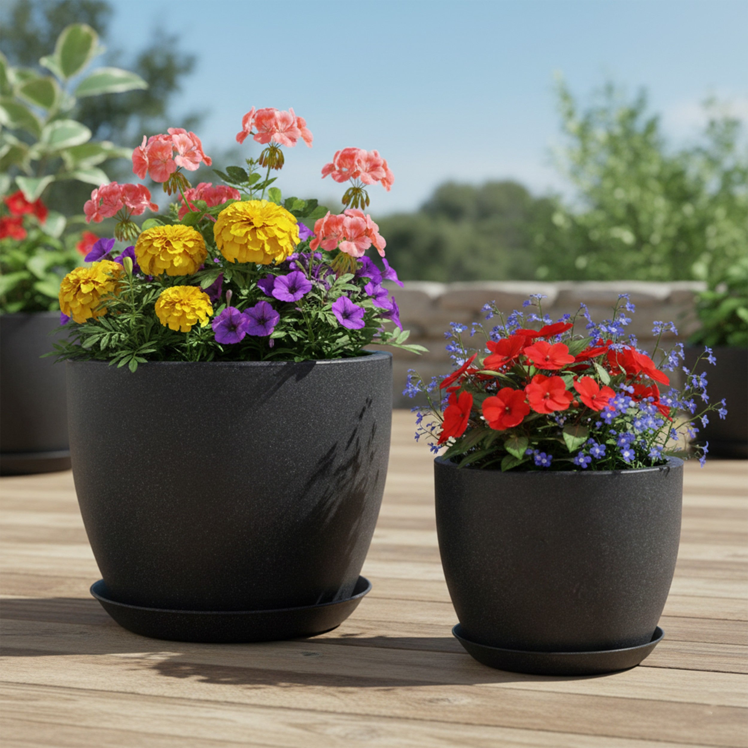 Großer Blumentopf 2er Set - Pflanztöpfe rund in Steinoptik, Untersetzer inklusive, verschließbares Entwässerungsloch, Garten & Balkon
