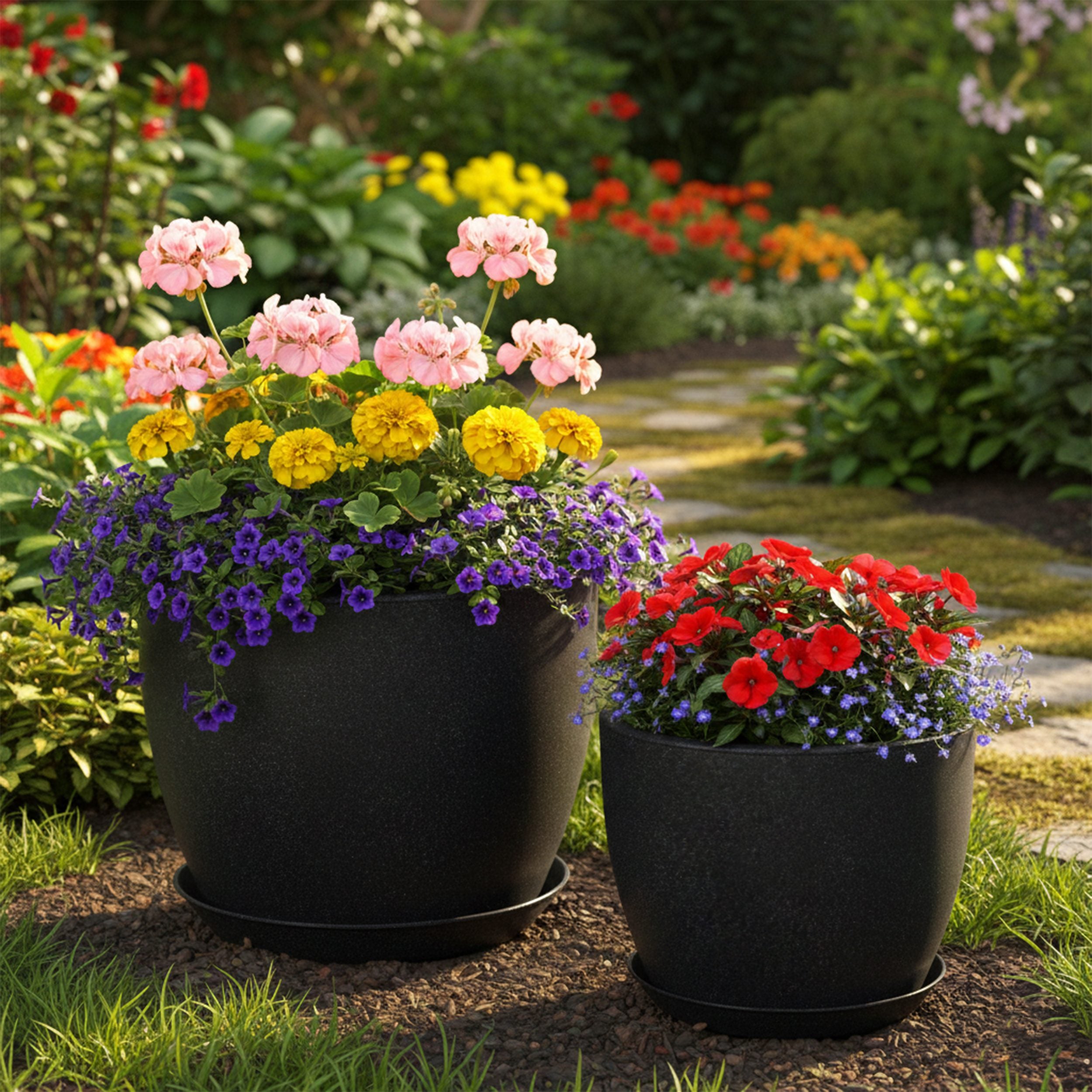 Großer Blumentopf 2er Set - Pflanztöpfe rund in Steinoptik, Untersetzer inklusive, verschließbares Entwässerungsloch, Garten & Balkon