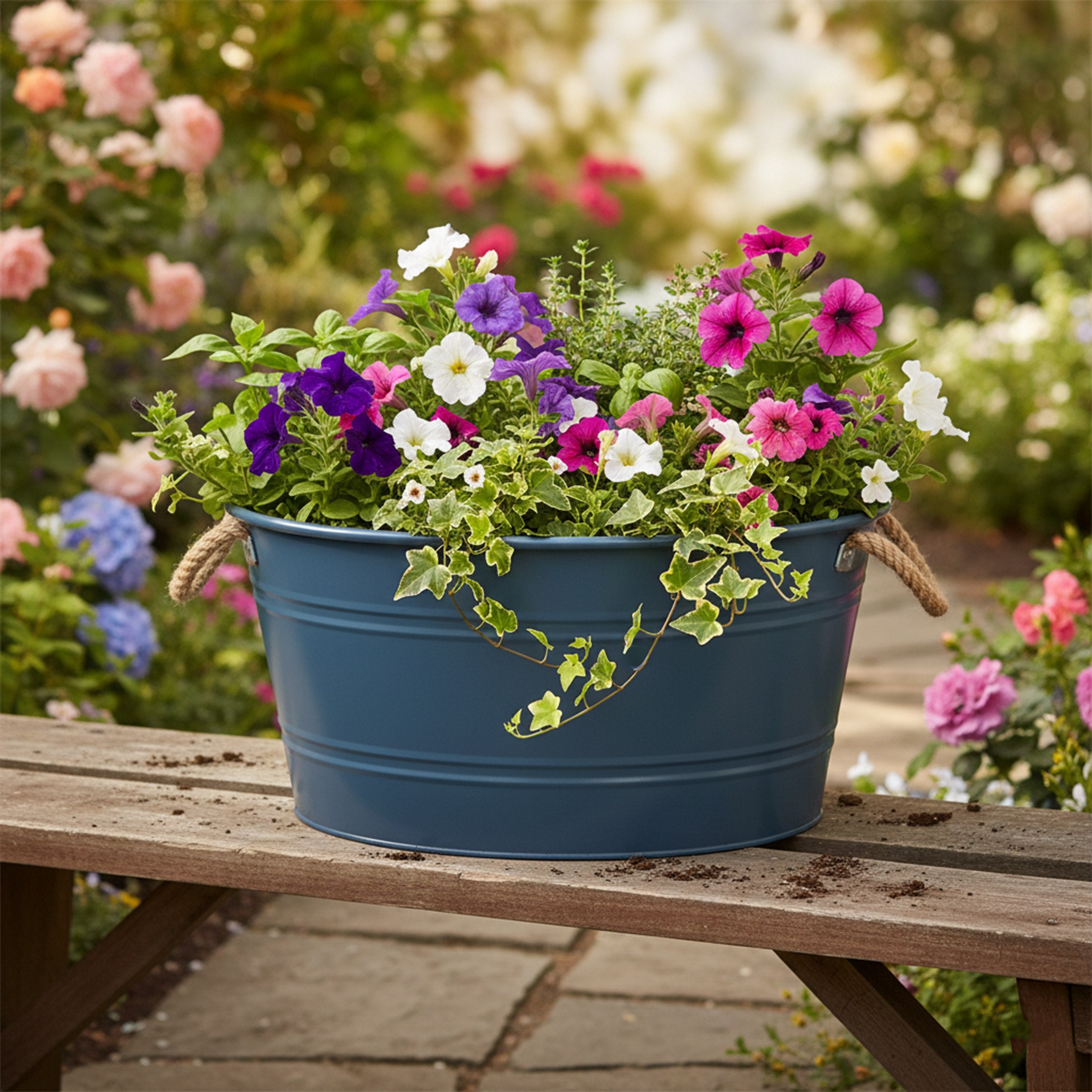 Pflanztopf "Beat" rund aus Metall mit Kordelgriffen | Dekorativer Blumentopf | Pflanzwanne robust & vielseitig in 4 Farben und Größen