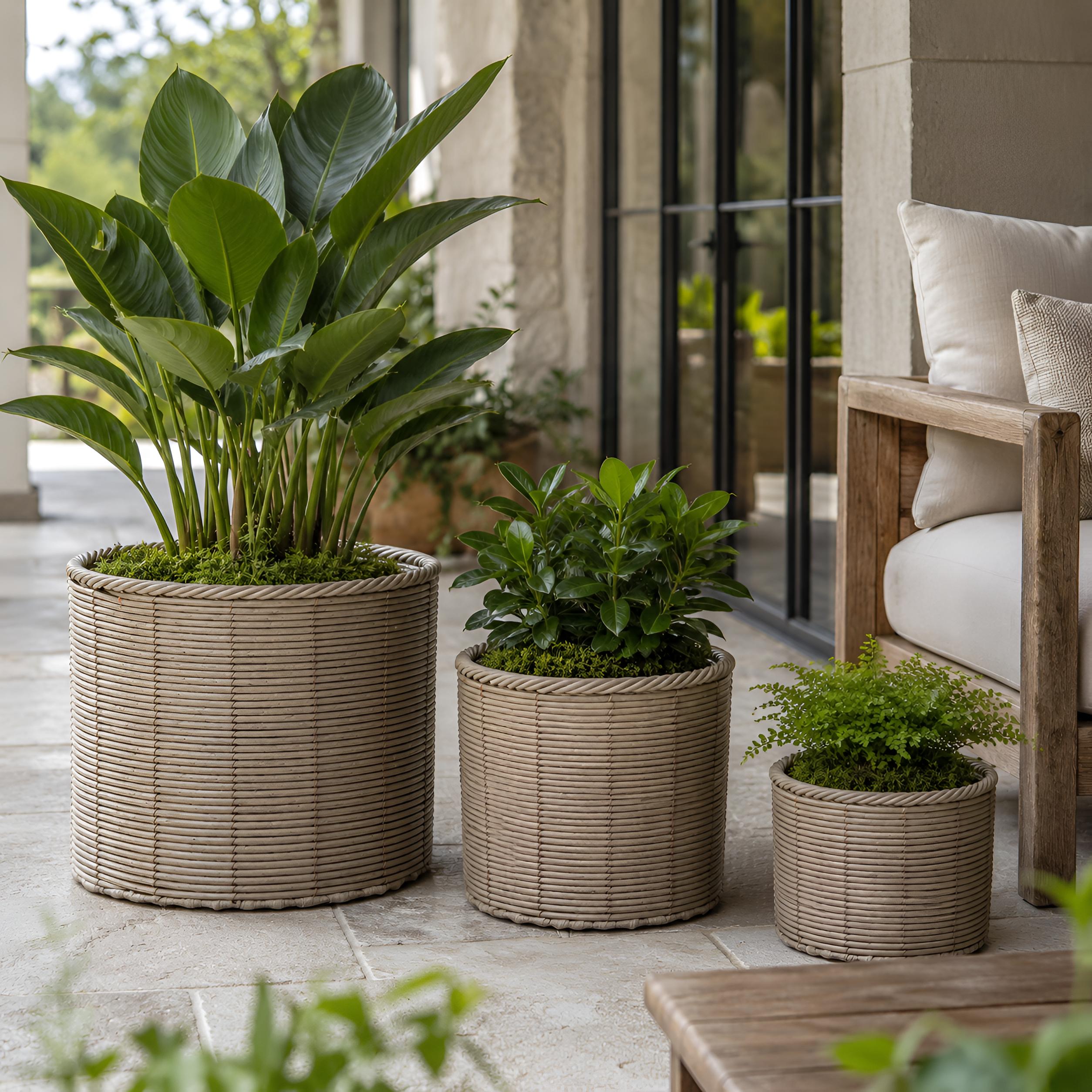 Blumentopf groß Rattan 3er Set Modell Gala, Pflanzkübel Indoor Übertopf Naturgrau