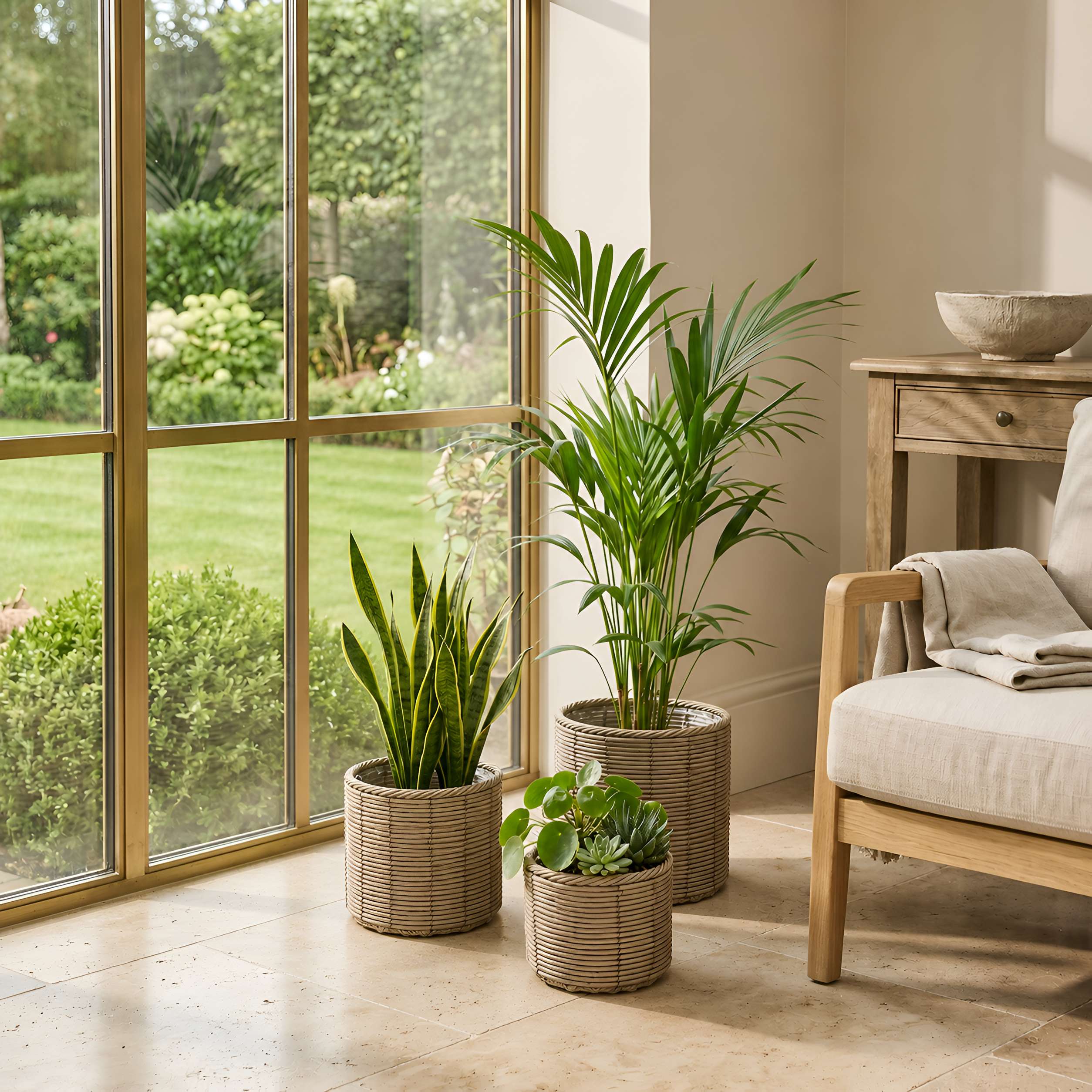 Blumentopf groß Rattan 3er Set Modell Gala, Pflanzkübel Indoor Übertopf Naturgrau