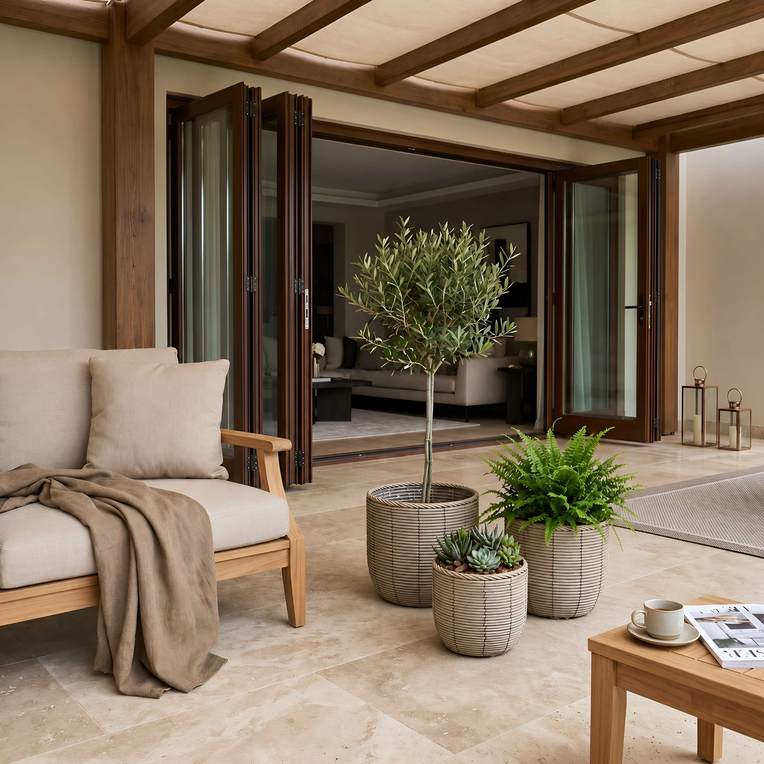 Blumentopf groß Rattan 3er Set Modell Gala, Pflanzkübel Indoor Übertopf Naturgrau