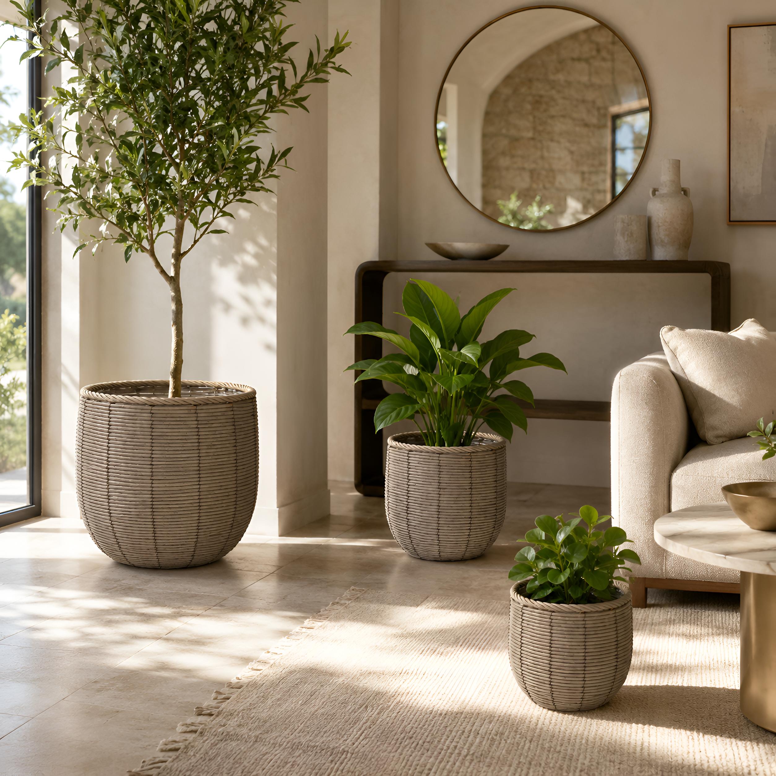 Blumentopf groß Rattan 3er Set Modell Gala, Pflanzkübel Indoor Übertopf Naturgrau