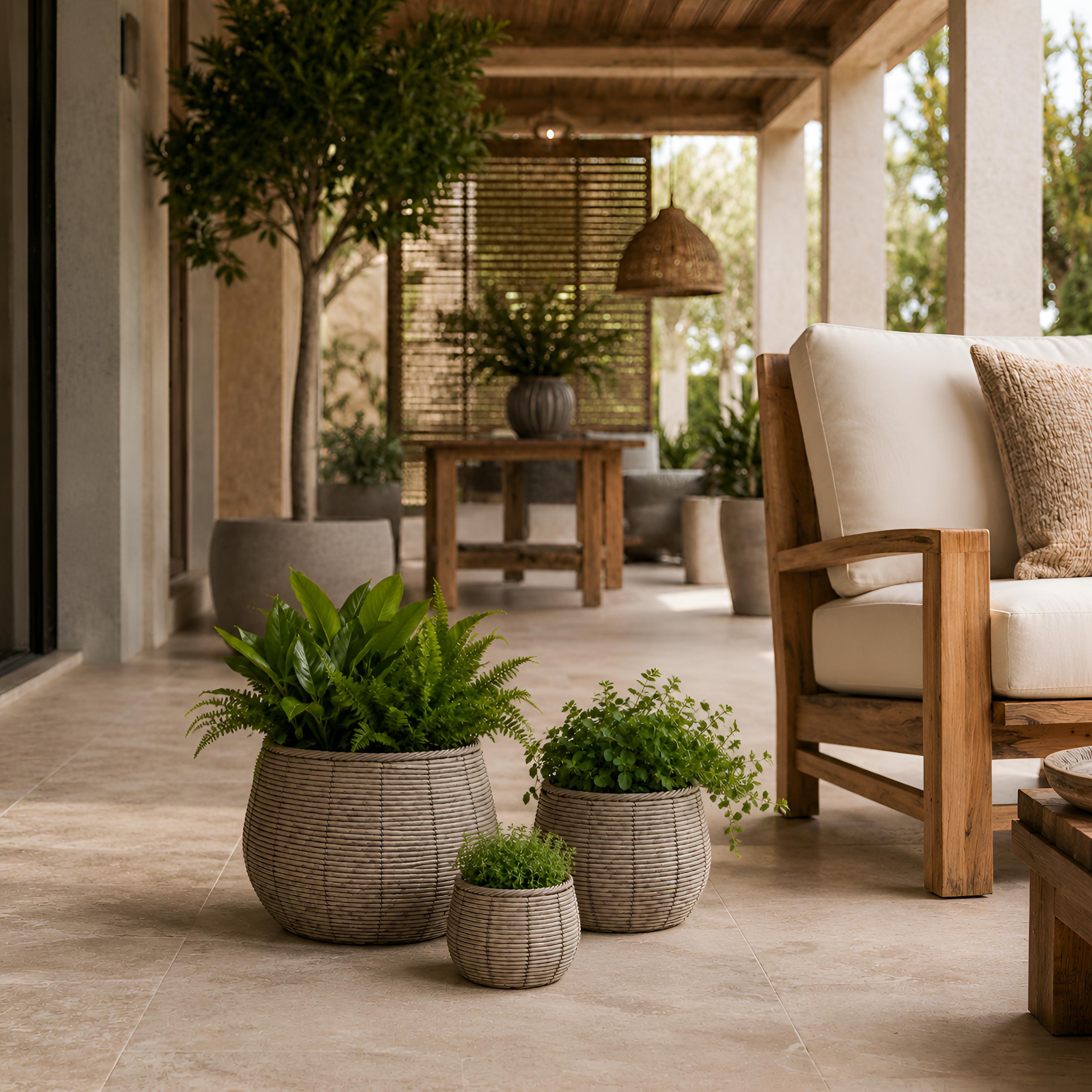 Blumentopf groß Rattan 3er Set Modell Gala, Pflanzkübel Indoor Übertopf Naturgrau