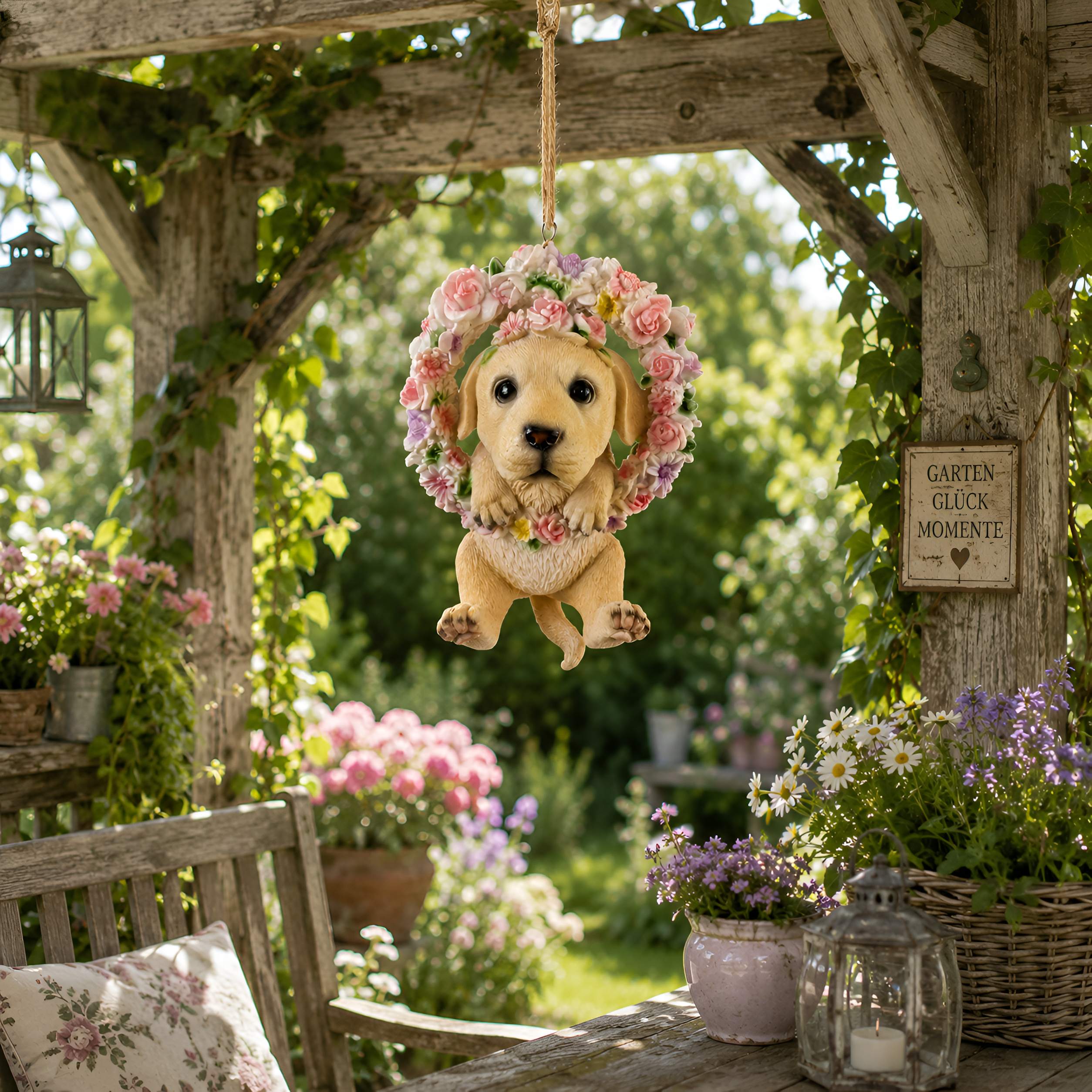 Hängedeko Hund oder Katze im Blumenkranz - Fenster Hängedeko Garten Hänge Deko Ast Katzenfigur Hundefigur