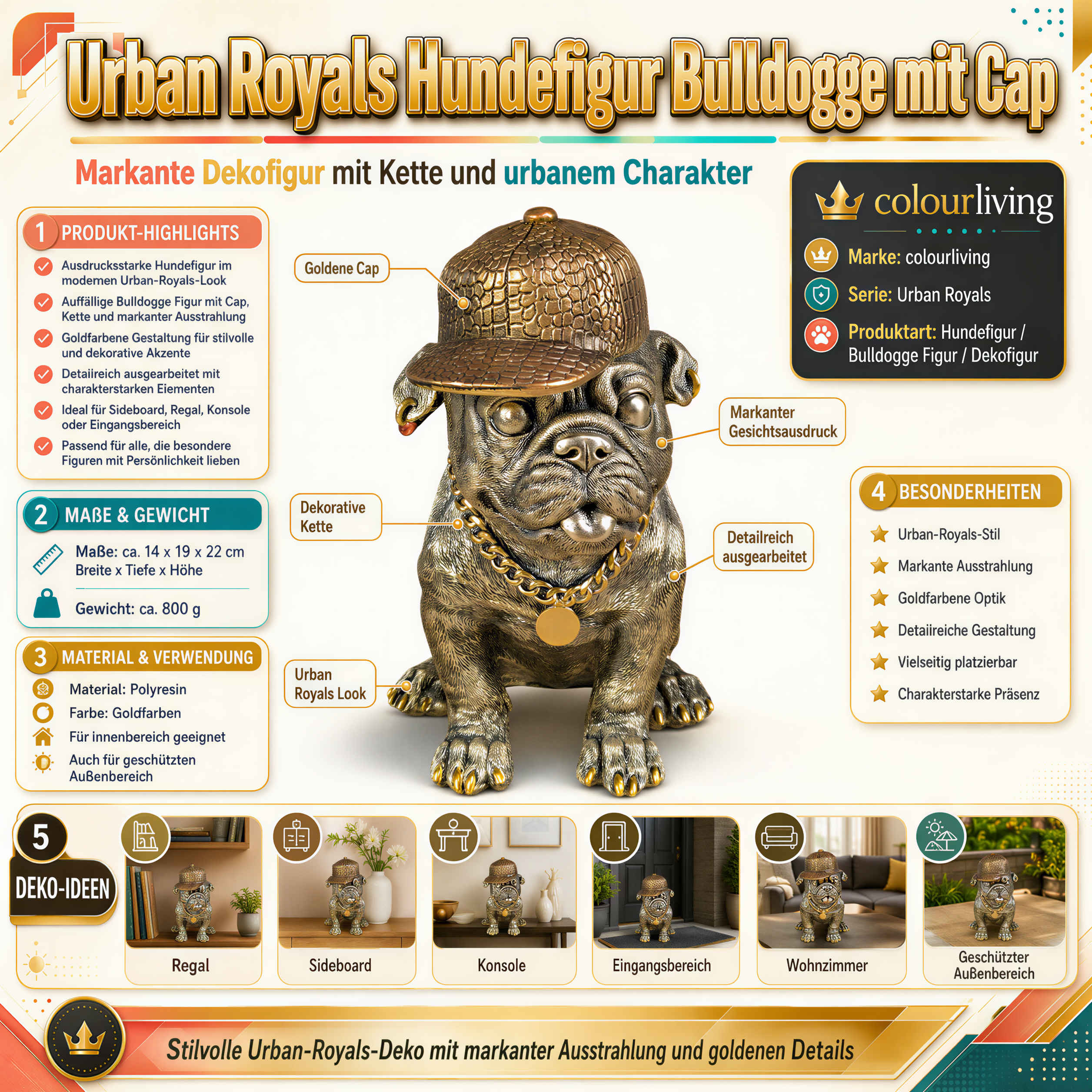 Hundefigur mit Cap Bulldogge Figur goldfarben Dekofigur