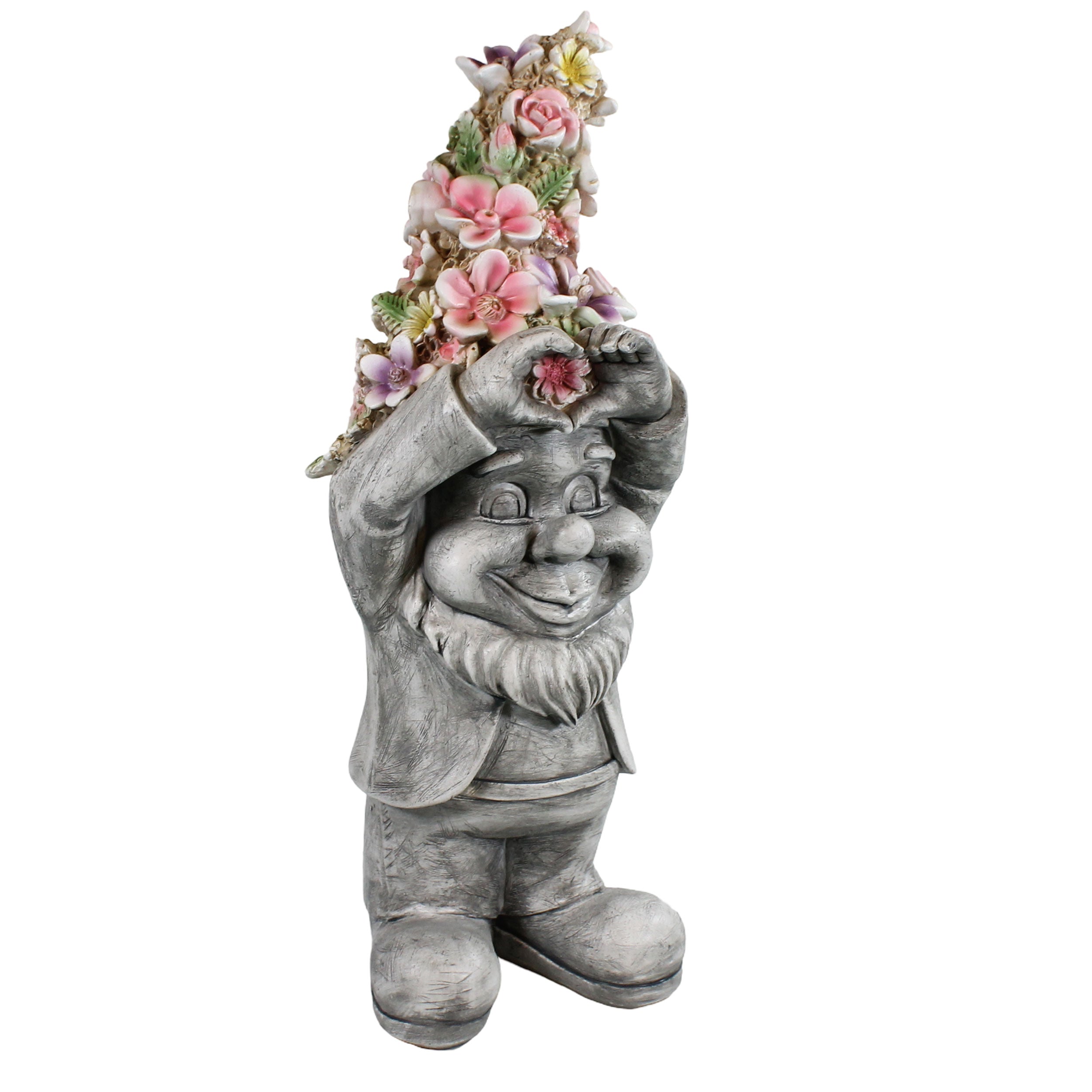 Gartenzwerg mit Herzhänden & Blumenmütze – Gartenfigur Blumenzwerg, handbemalt, verschiedene Größen