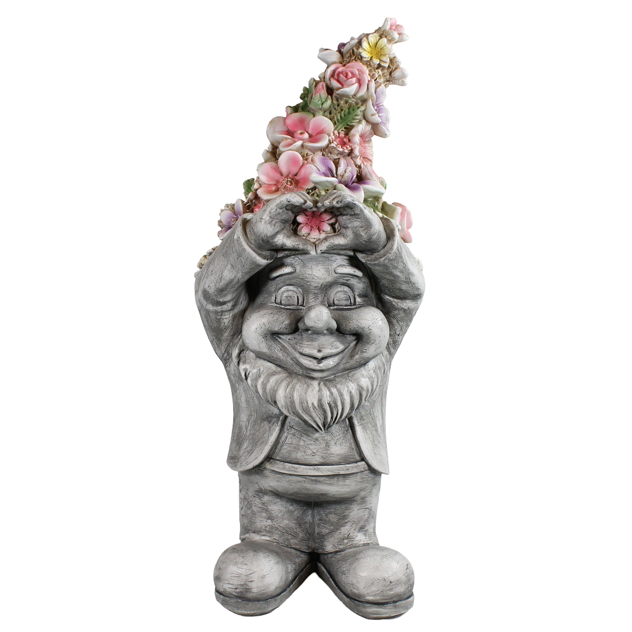 Gartenzwerg mit Herzhänden & Blumenmütze – Gartenfigur Blumenzwerg, handbemalt, verschiedene Größen