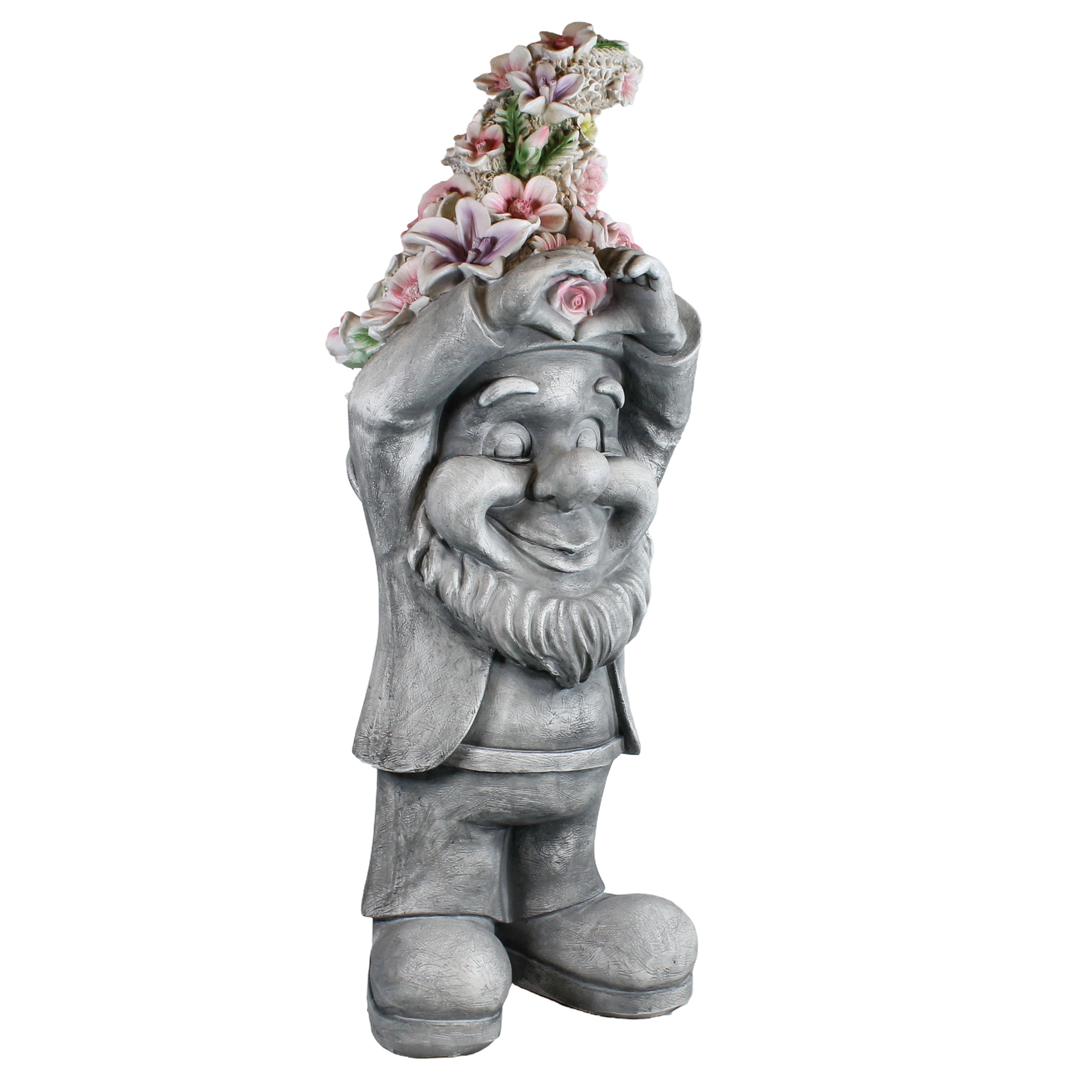 Gartenzwerg mit Herzhänden & Blumenmütze – Gartenfigur Blumenzwerg, handbemalt, verschiedene Größen