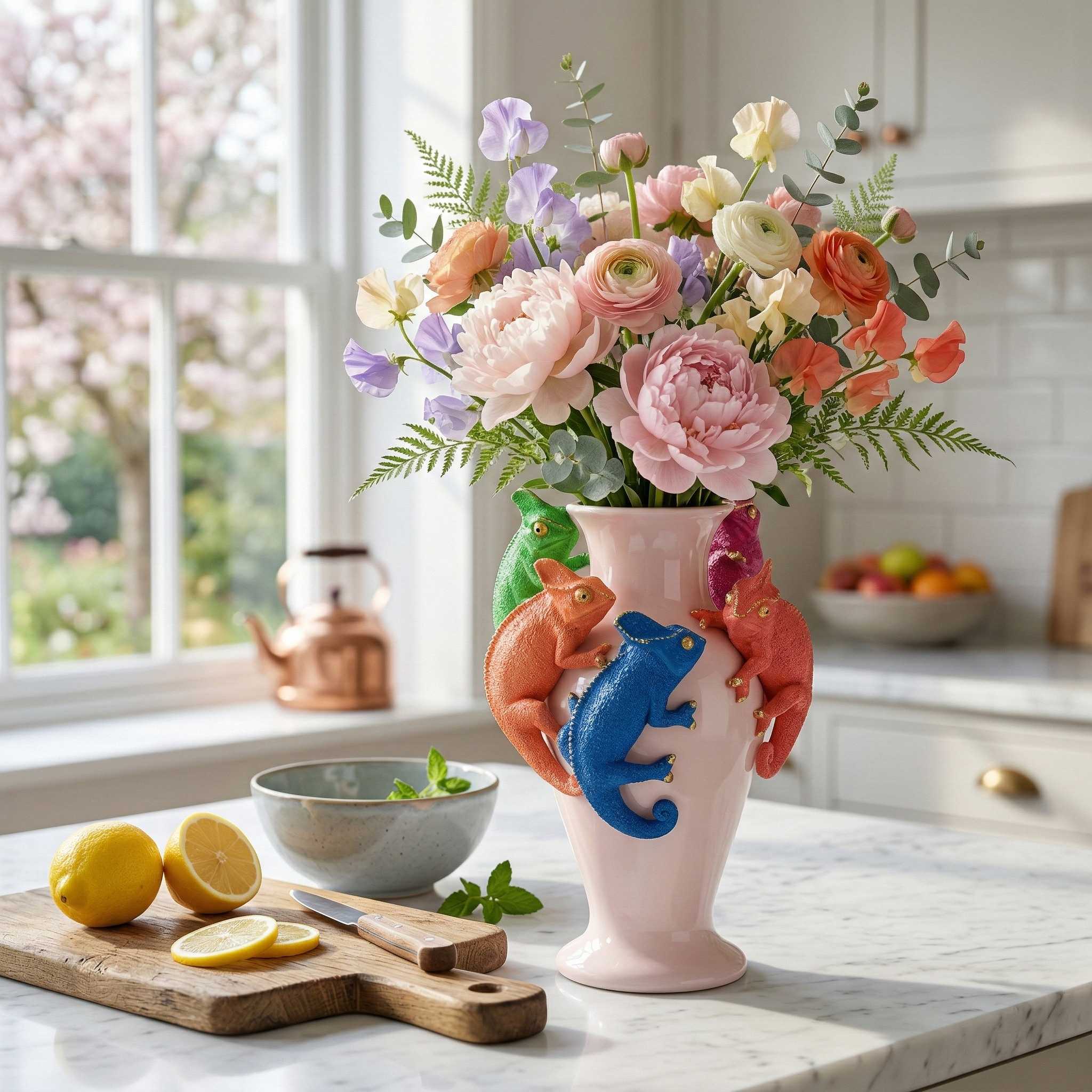 Kunstblumen Vase Deko Vase modern – Designer Vasen mit Tieren Papagei Affe Echse Tischdeko Vase bunt