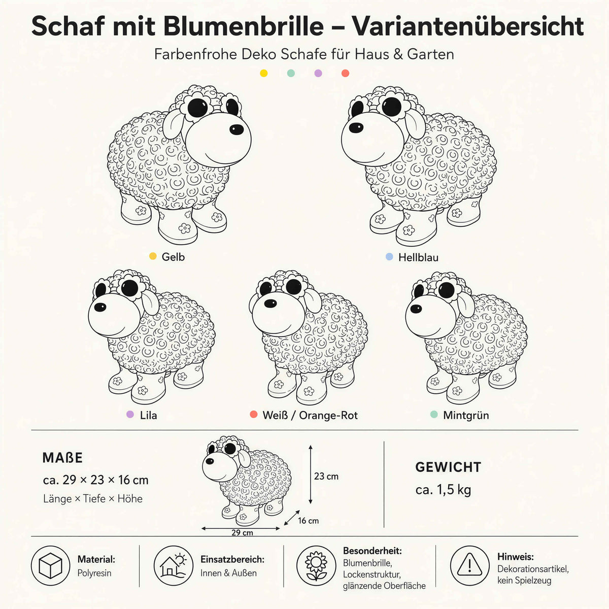 Schaf Figur mit Blumenbrille Deko Schaf Gartenfigur Schaf bunte Gartenschafe für Haus und Garten