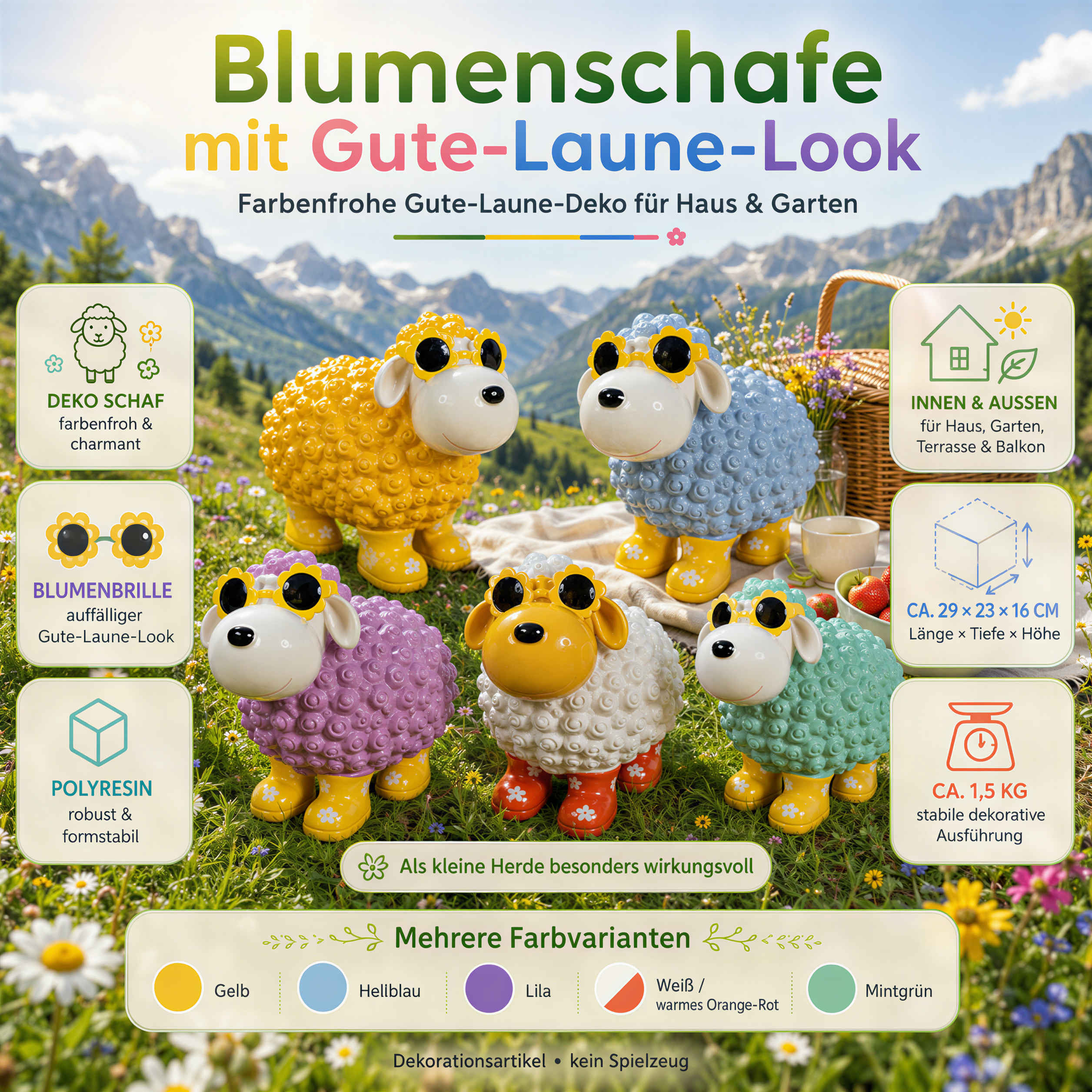 Schaf Figur mit Blumenbrille Deko Schaf Gartenfigur Schaf bunte Gartenschafe für Haus und Garten