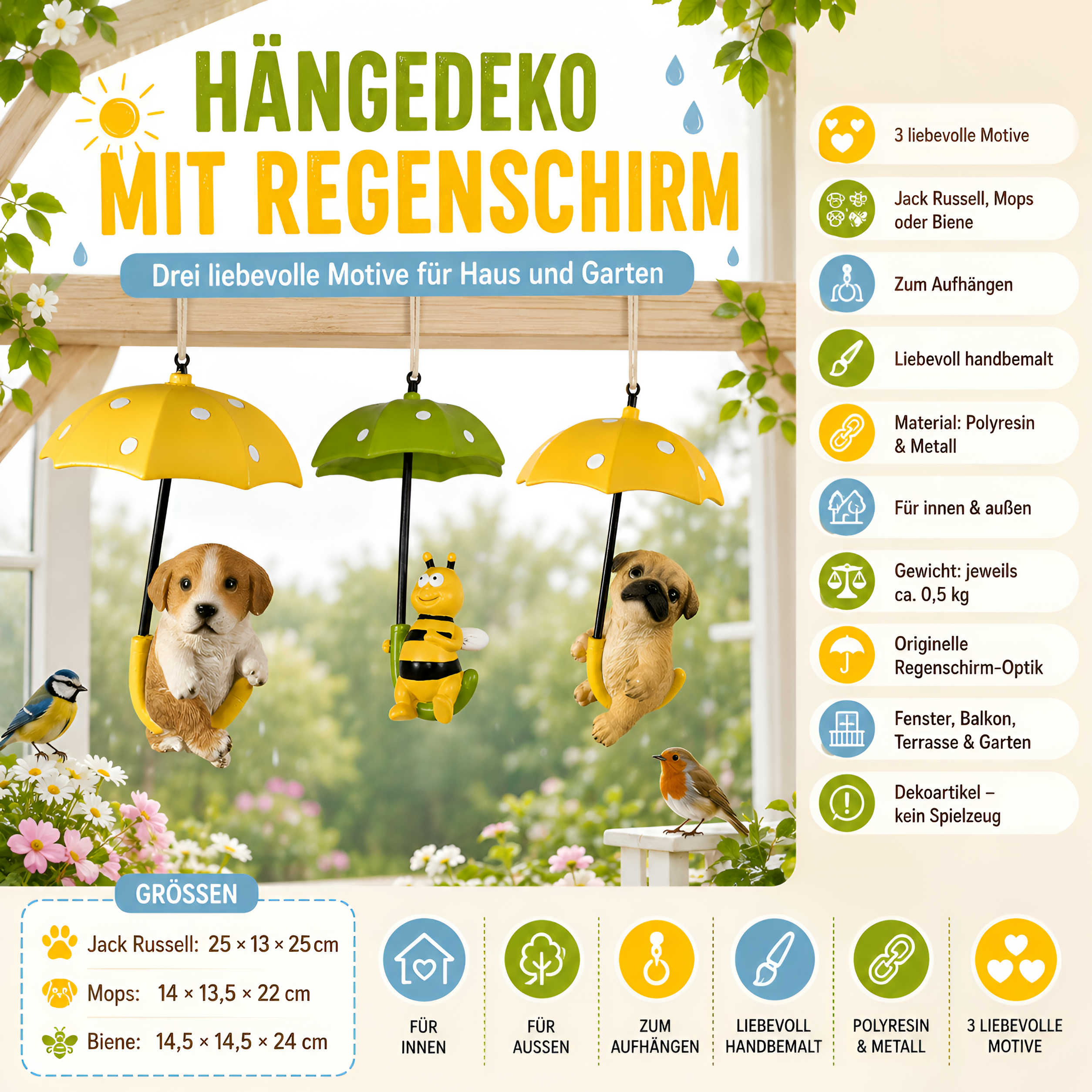 Hängedeko Tierfigur mit Regenschirm - Fenster Hängedeko für Garten mit Biene oder Hunde Figuren