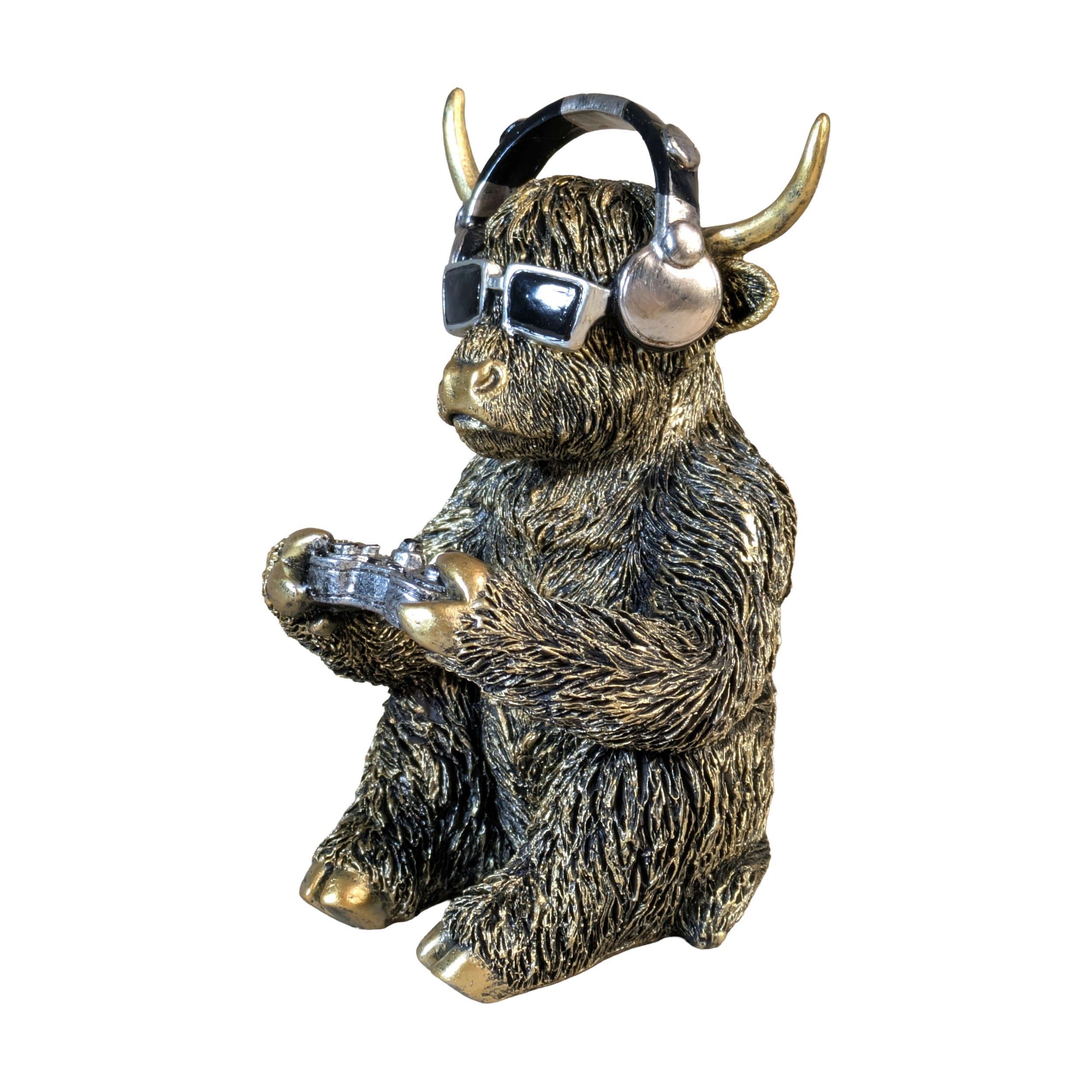 Highland Cattle Figur Gamer Deko Kuh mit Kopfhörer & Controller goldfarben