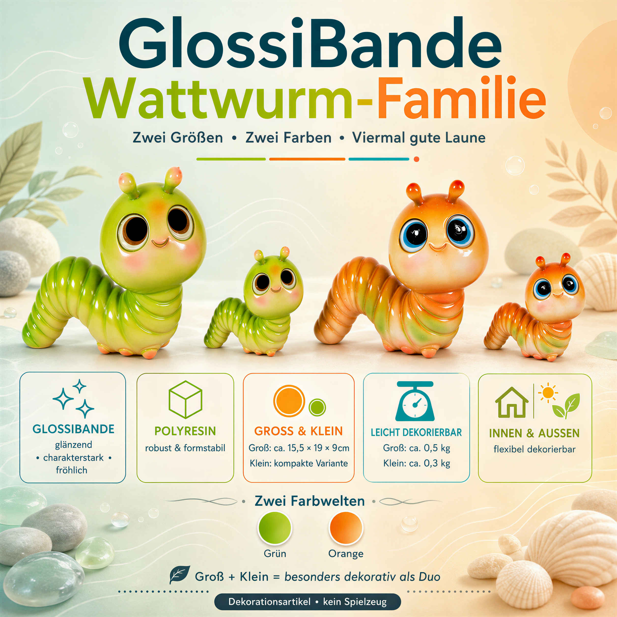 GlossiBande Wattwurm Figur Deko Wurm glänzend groß oder klein in Grün und Orange