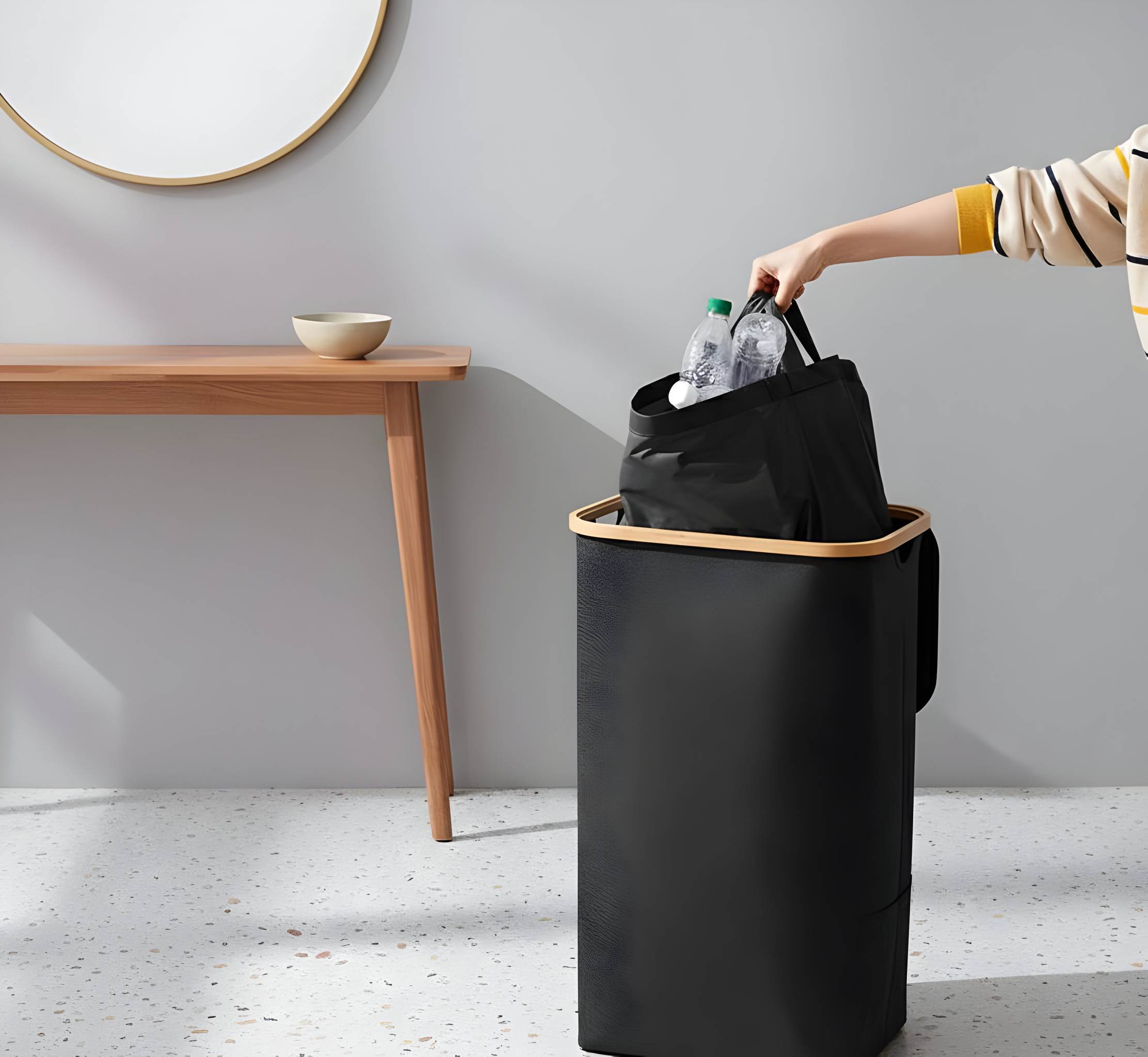 Pfandflaschensammler aus Bambus und Polyester – moderner Leergutsammler, waschbare Innentaschen, wahlweise 100 L oder 2×80 L