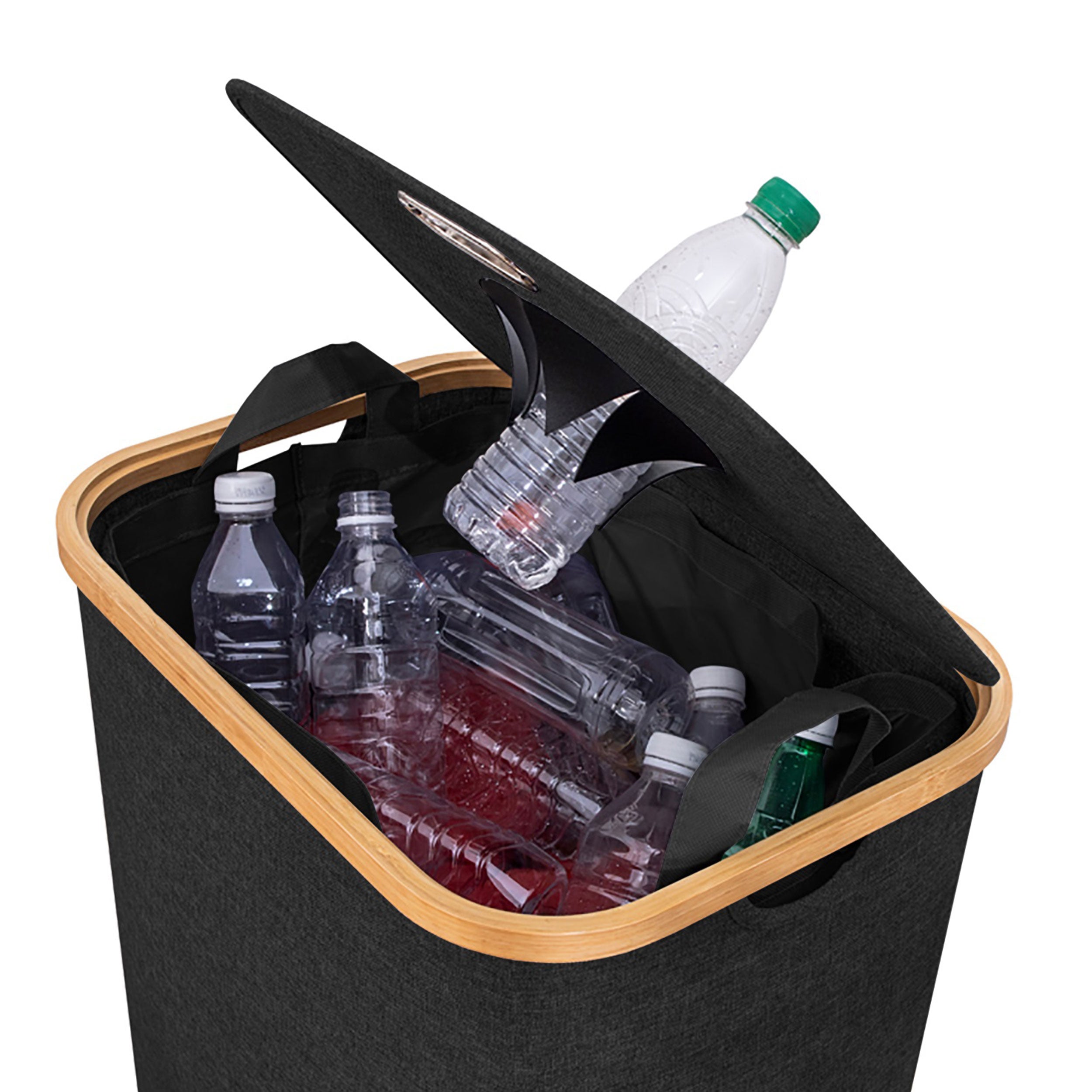 Pfandflaschensammler aus Bambus und Polyester – moderner Leergutsammler, waschbare Innentaschen, wahlweise 100 L oder 2×80 L