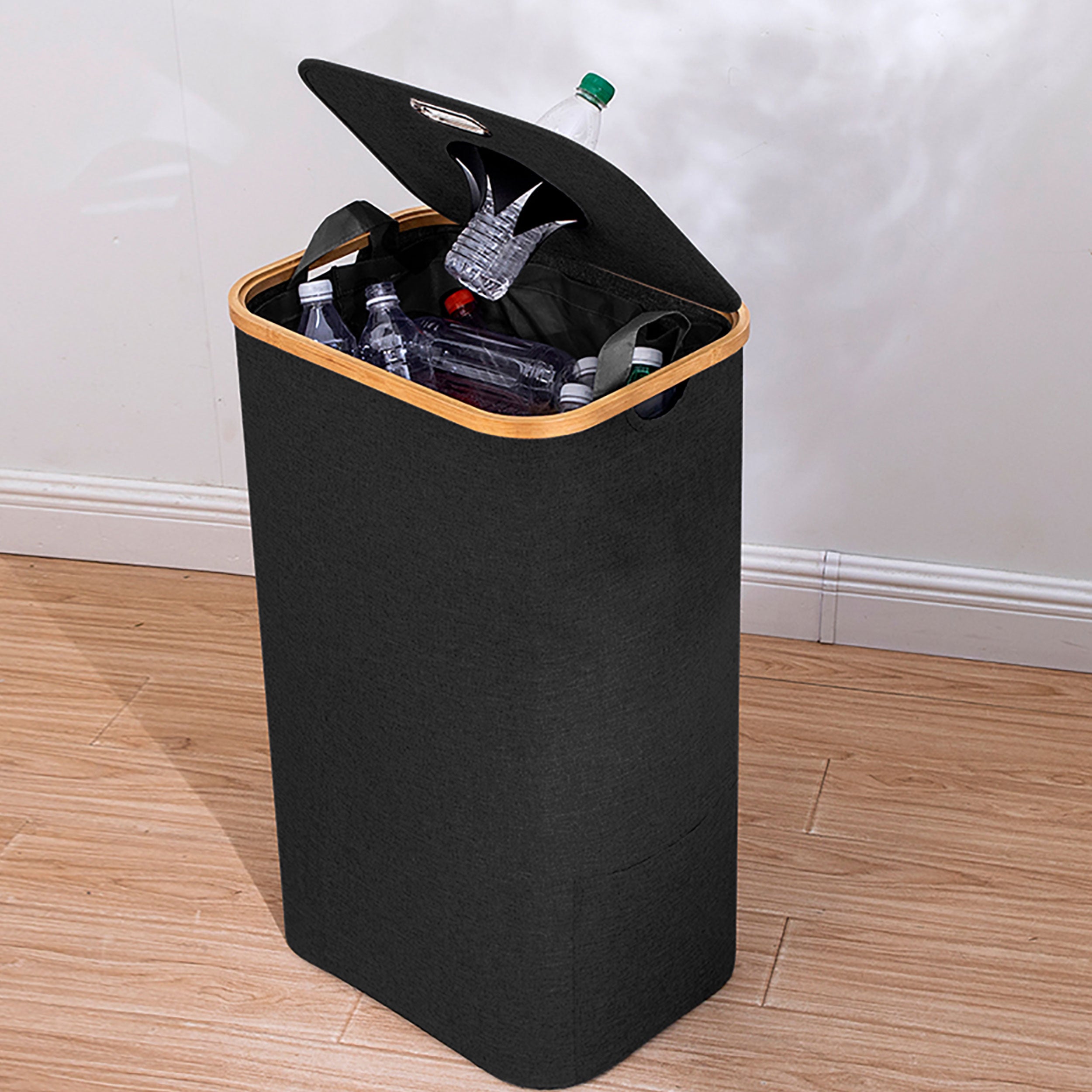 Pfandflaschensammler aus Bambus und Polyester – moderner Leergutsammler, waschbare Innentaschen, wahlweise 100 L oder 2×80 L