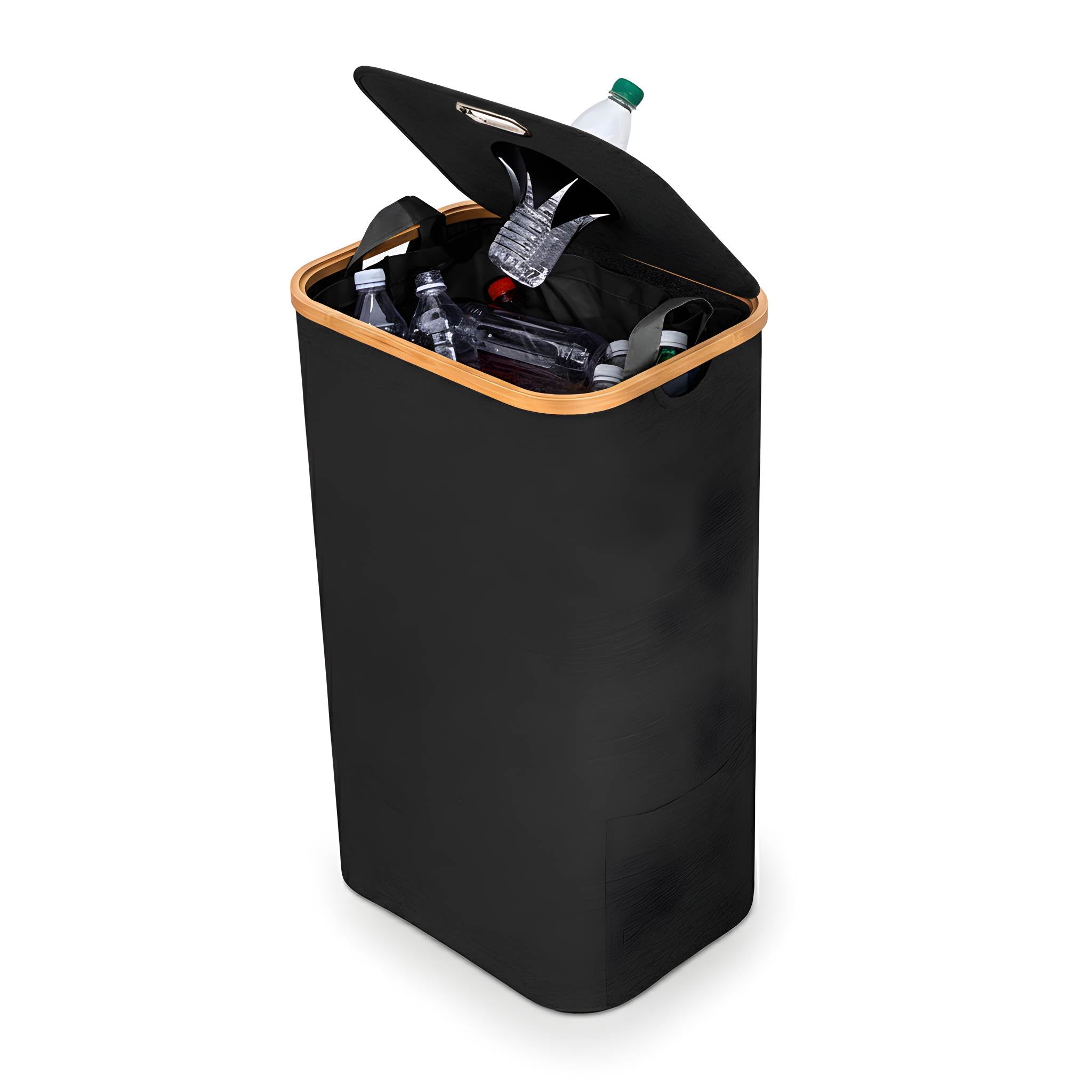 Pfandflaschensammler aus Bambus und Polyester – moderner Leergutsammler, waschbare Innentaschen, wahlweise 100 L oder 2×80 L