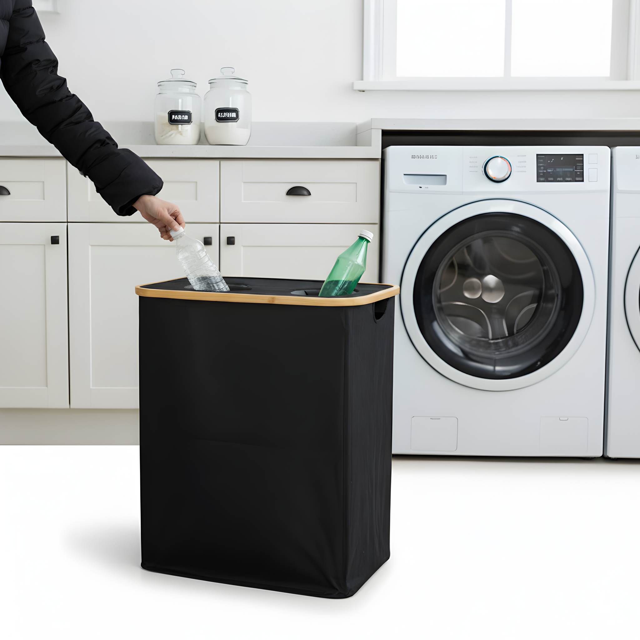 Pfandflaschensammler aus Bambus und Polyester – moderner Leergutsammler, waschbare Innentaschen, wahlweise 100 L oder 2×80 L