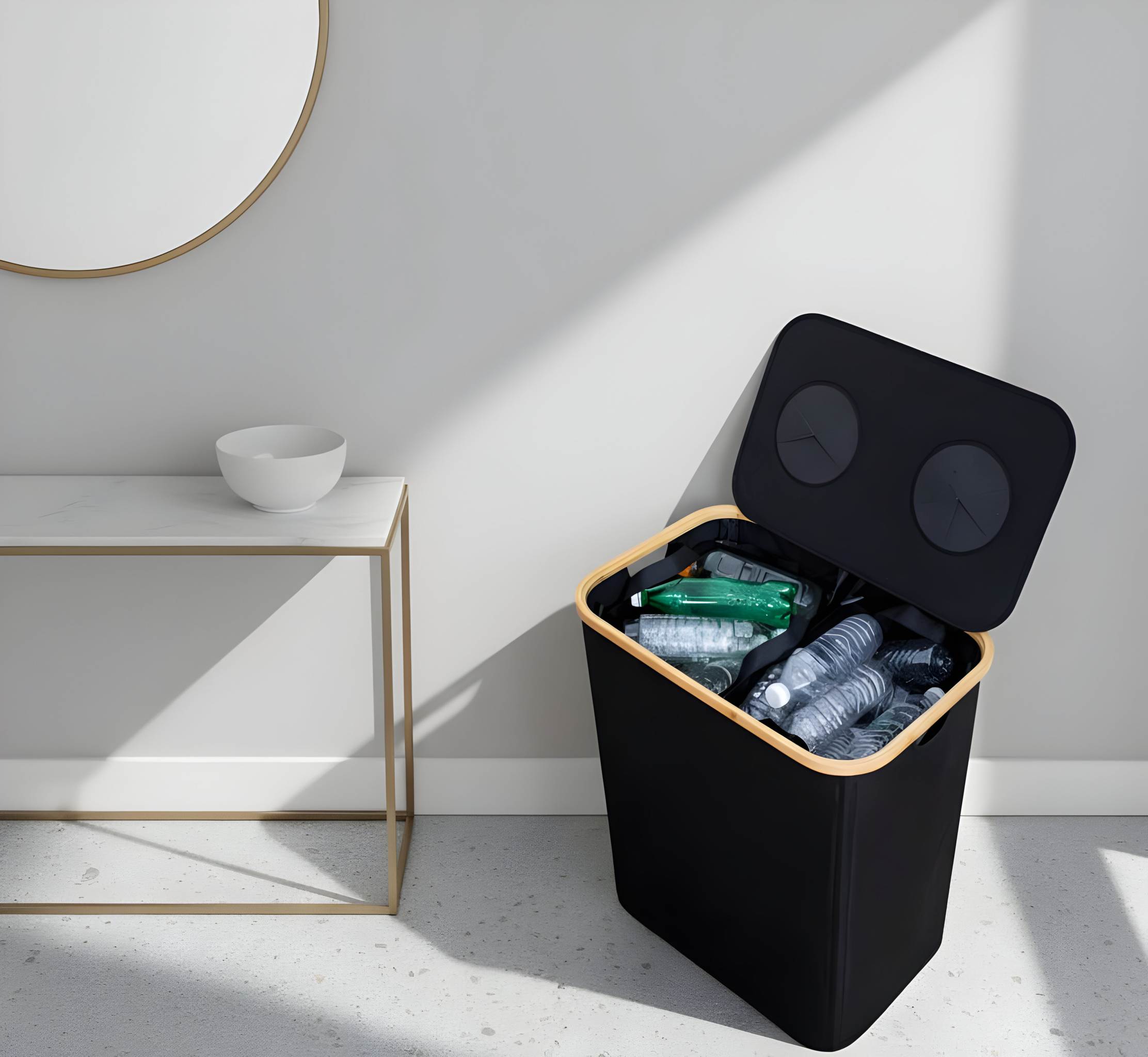 Pfandflaschensammler aus Bambus und Polyester – moderner Leergutsammler, waschbare Innentaschen, wahlweise 100 L oder 2×80 L