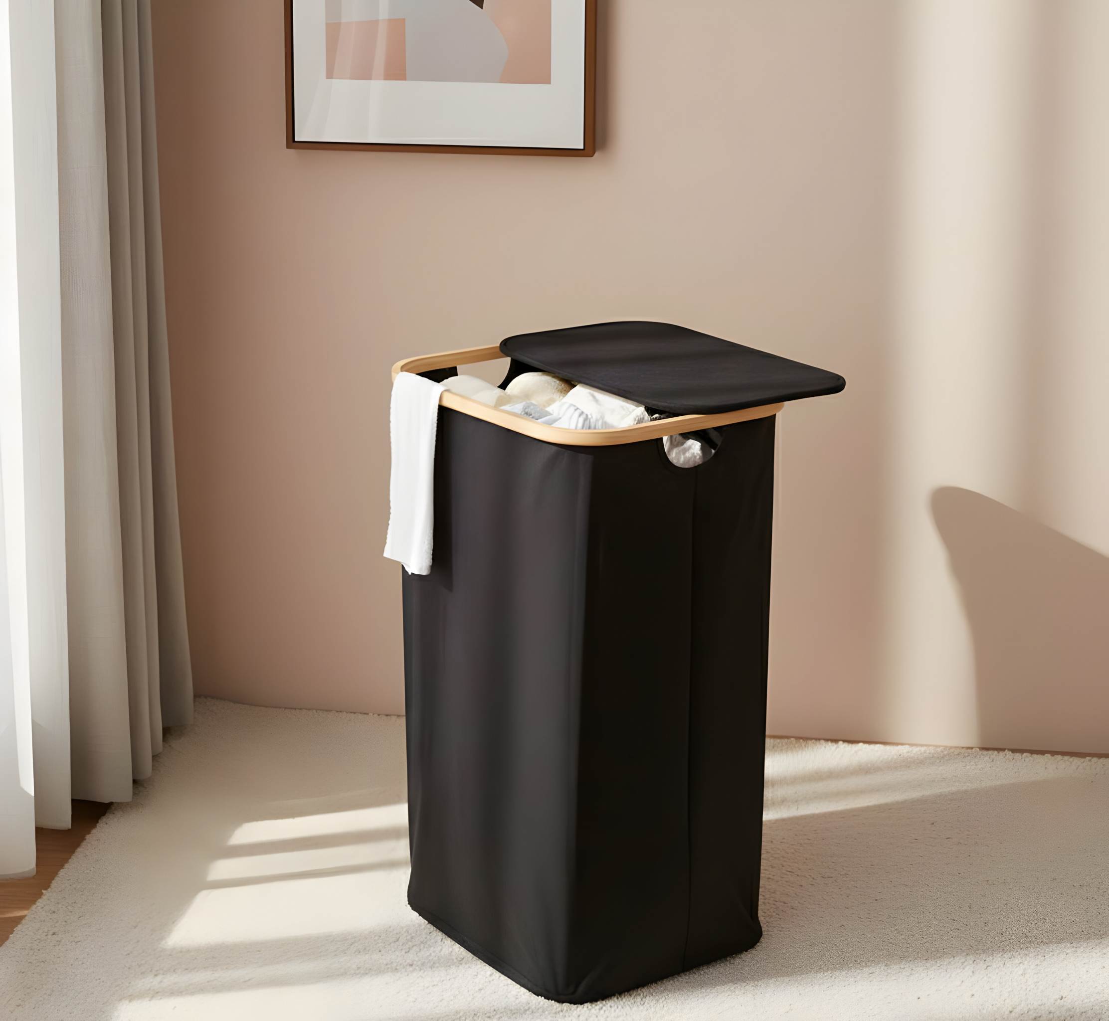 Wäschesammler mit Deckel und herausnehmbarer Innentasche aus Bambus und Stoff – Wäschekorb in Schwarz