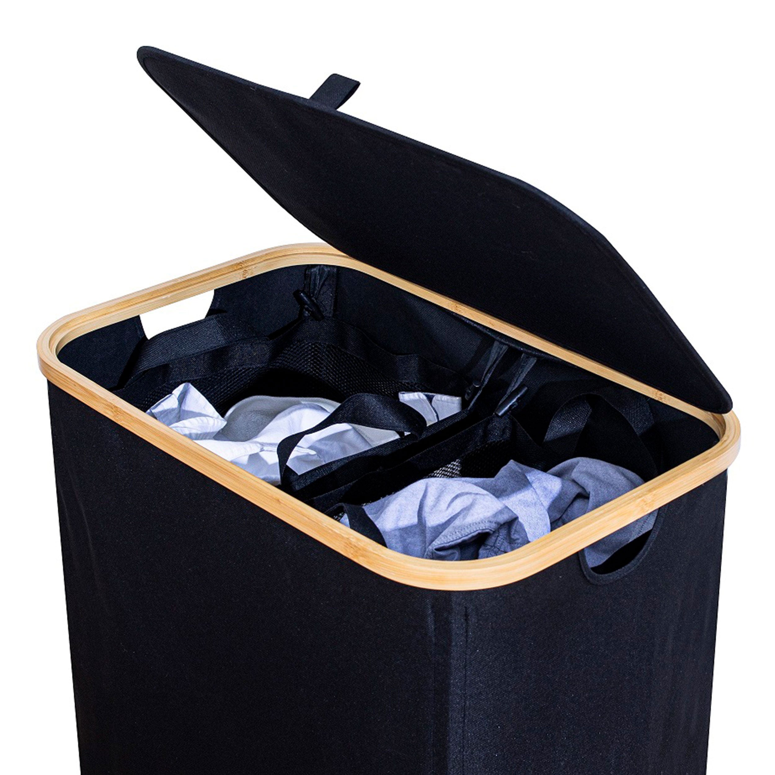 Wäschesammler mit Deckel und herausnehmbarer Innentasche aus Bambus und Stoff – Wäschekorb in Schwarz