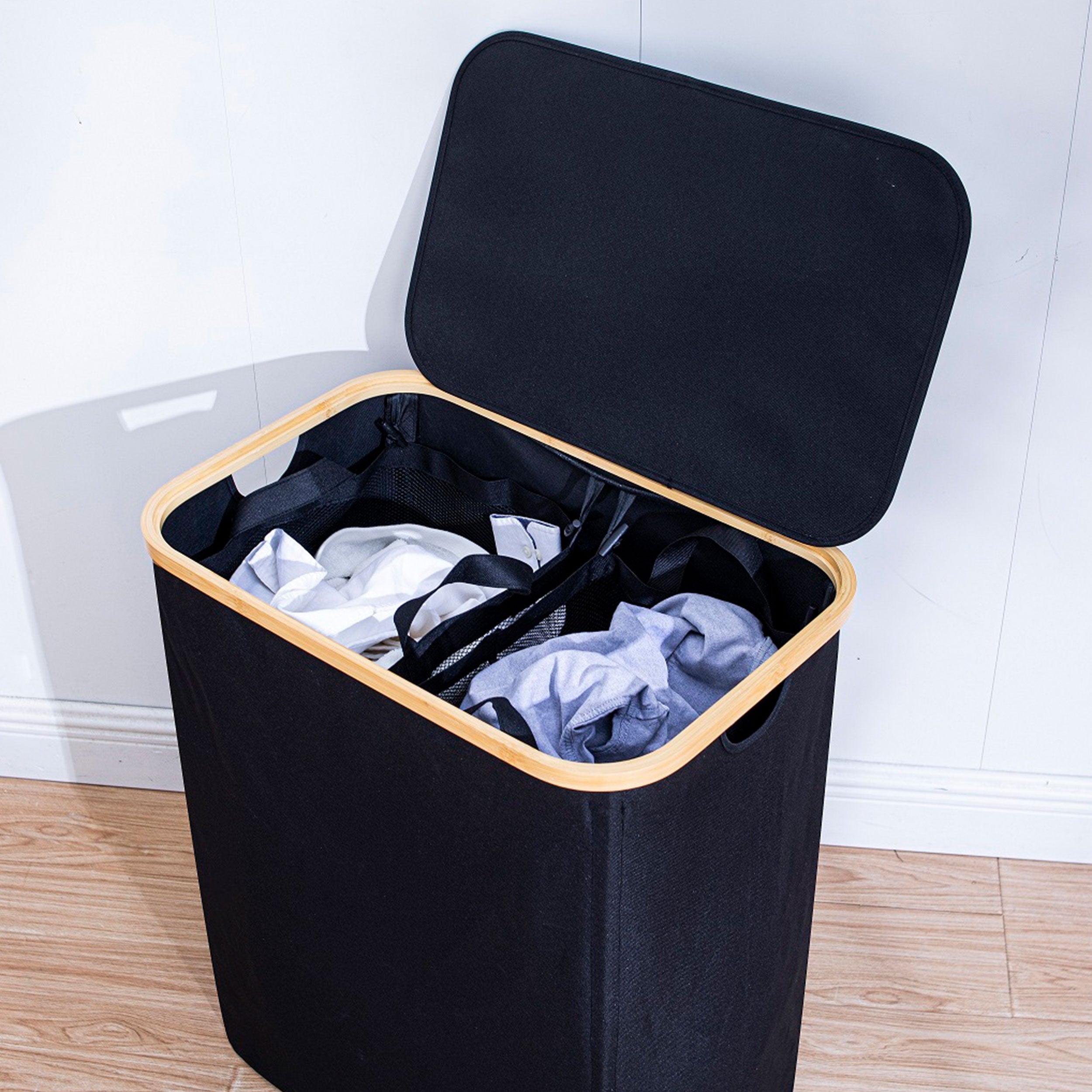 Wäschesammler mit Deckel und herausnehmbarer Innentasche aus Bambus und Stoff – Wäschekorb in Schwarz