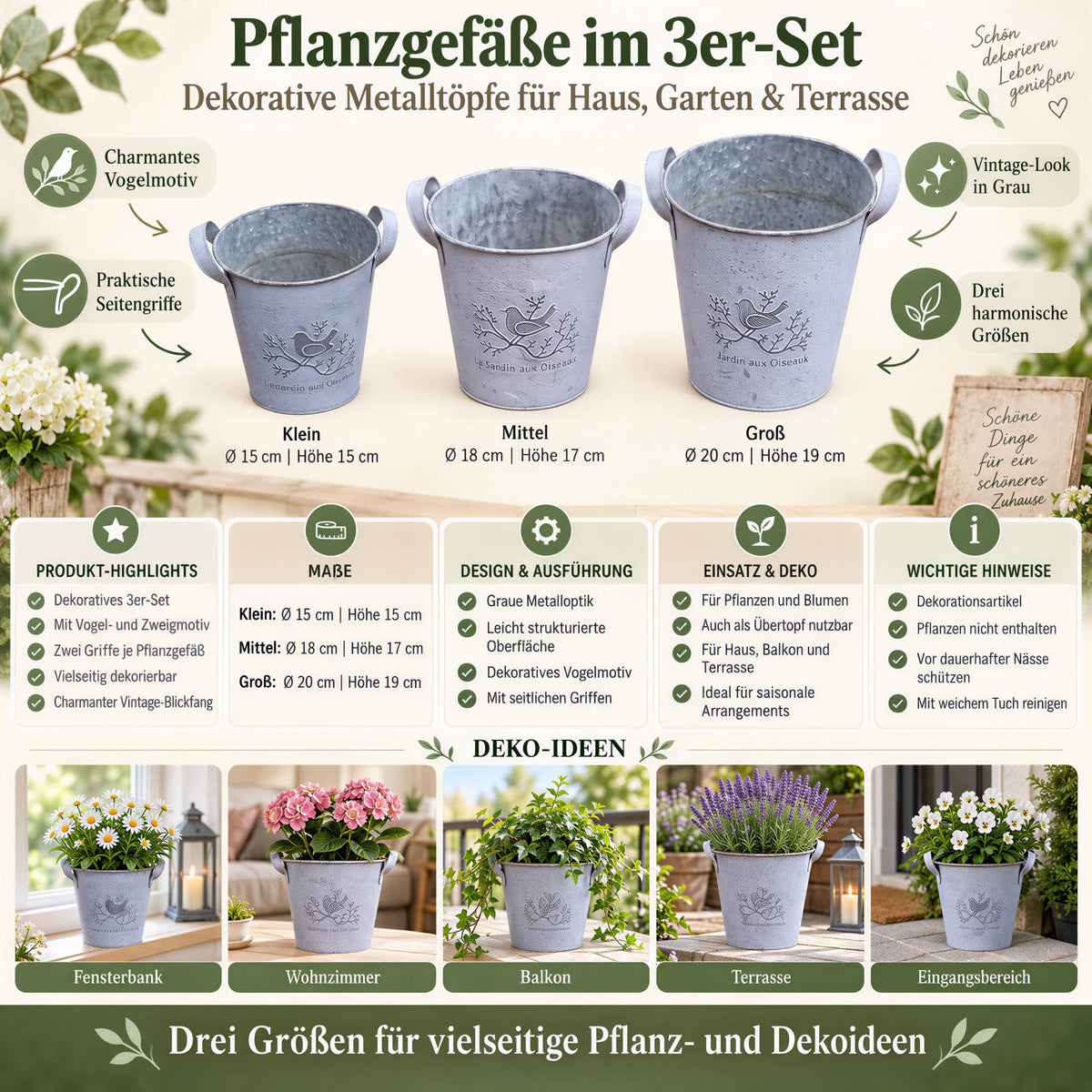 Pflanzgefäße Metall 3er Set Pflanztöpfe Übertöpfe mit Vogelmotiv für Haus und Terrasse