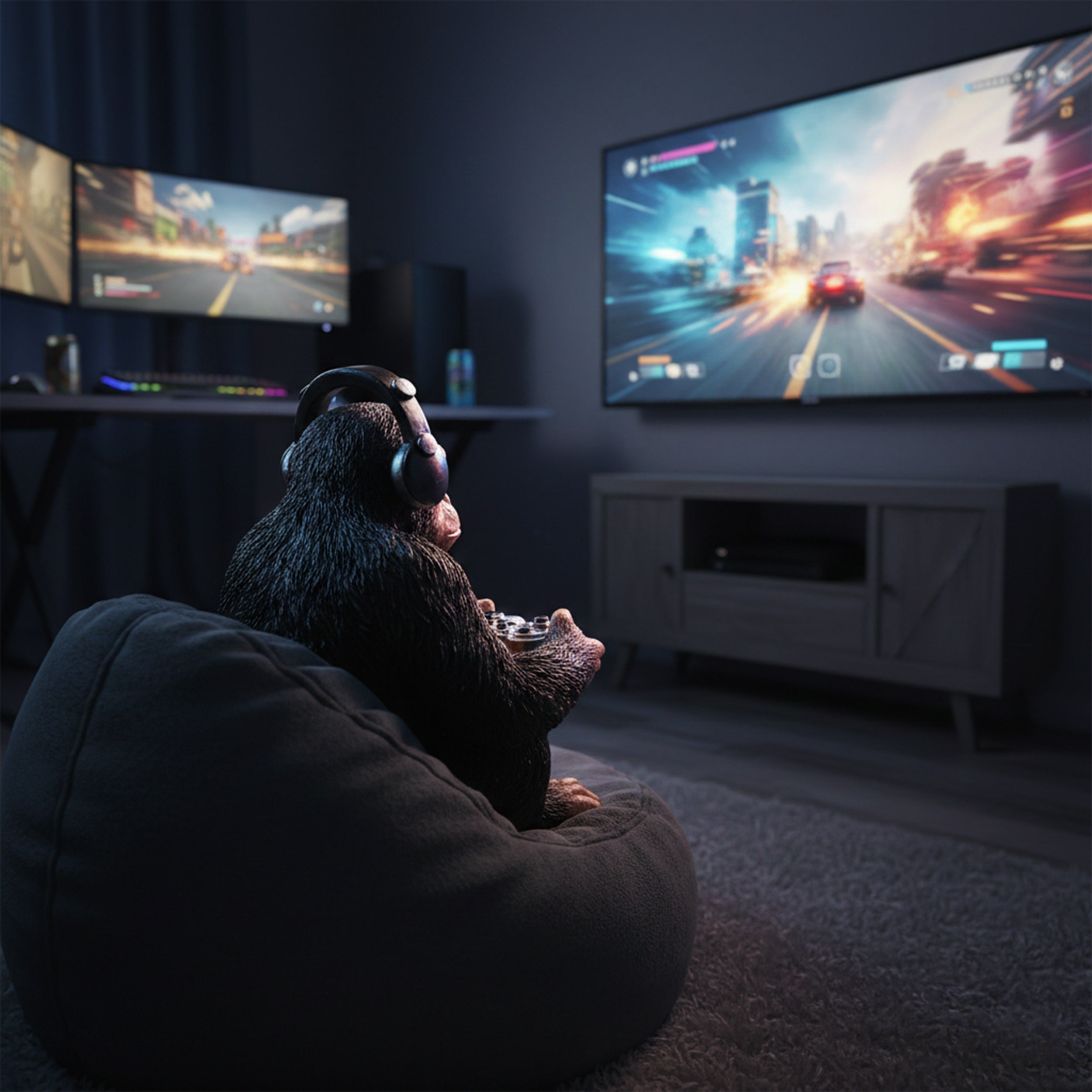 Affe Figur mit Kopfhörer & Controller - Gaming Zimmer Deko als Deko Affe für Regal, Schreibtisch & Wohnzimmer