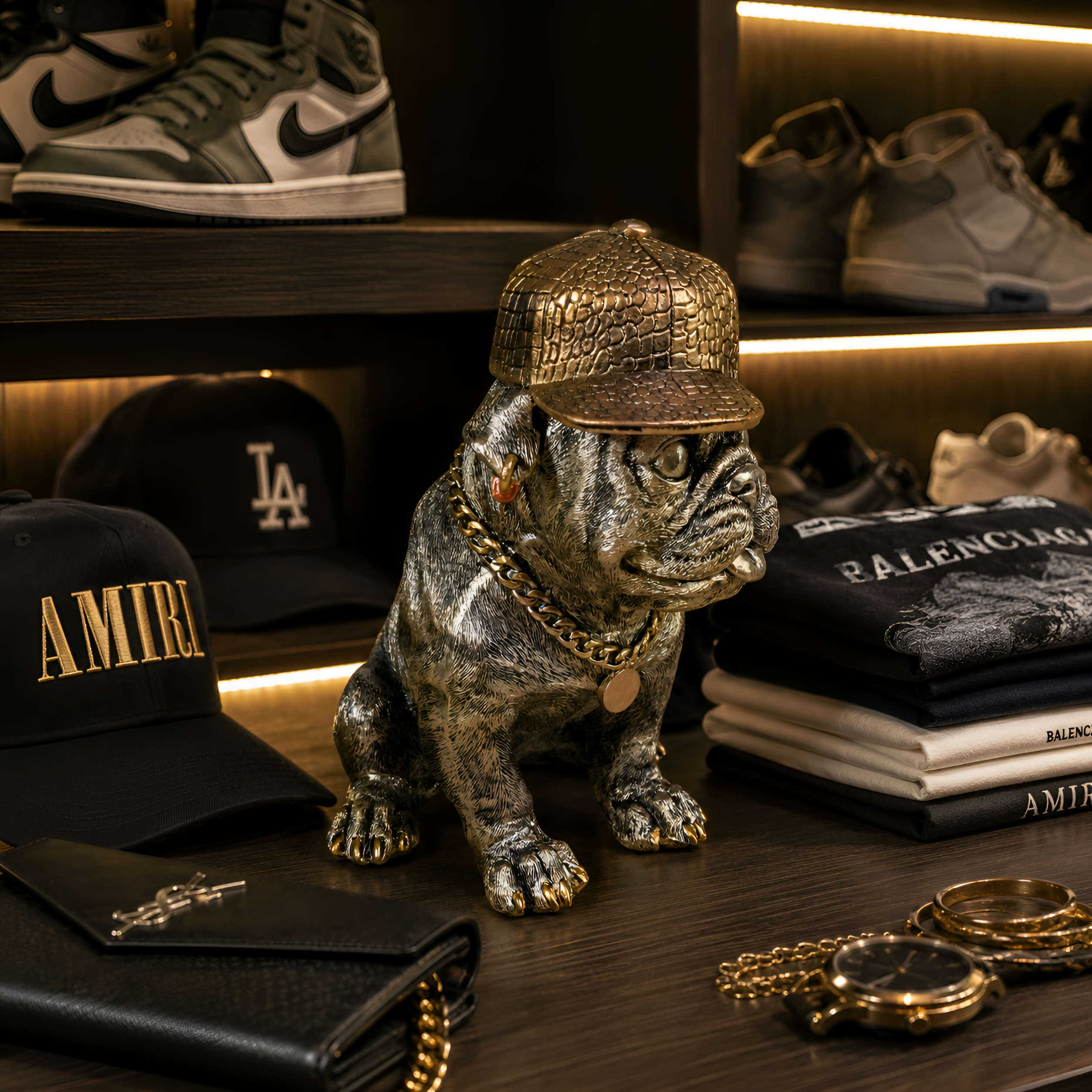 Hundefigur mit Cap Bulldogge Figur goldfarben Dekofigur