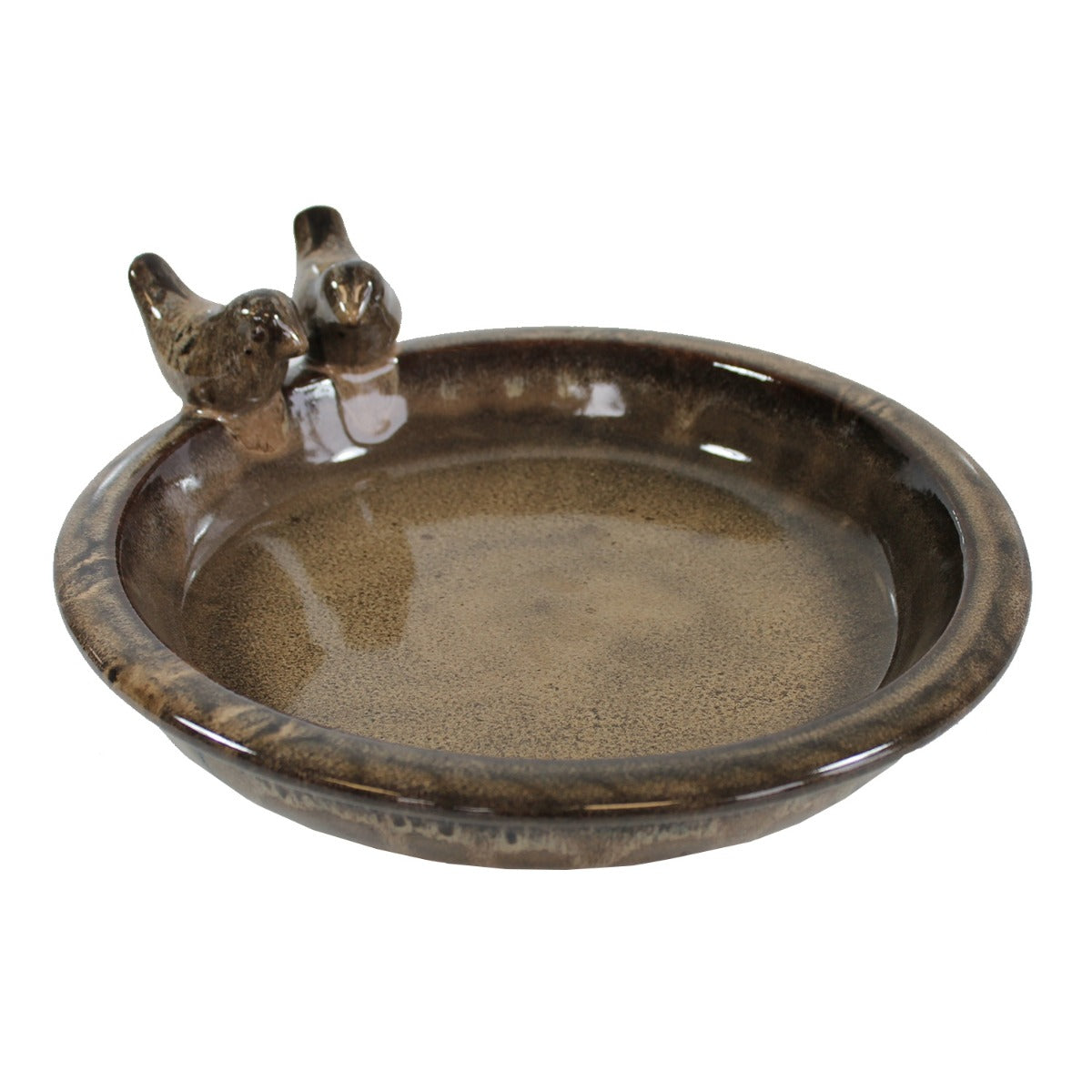 glasierte Vogeltränke für den Garten "Noble" mit 2 Deko-Vögel, 30 cm macchiato Keramik Vogeltränke rund Vogelbad Garten